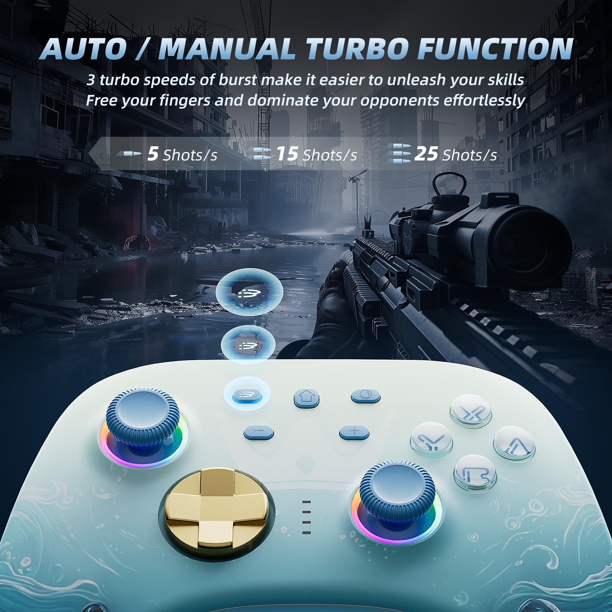 Mytrix Wireless Pro Controller for Nintendo Switch/PC - Hall Effect Joysticks, Bluetooth, Charging Dock (Aqua Blue) - Perfect for Gaming on TV & Mobile