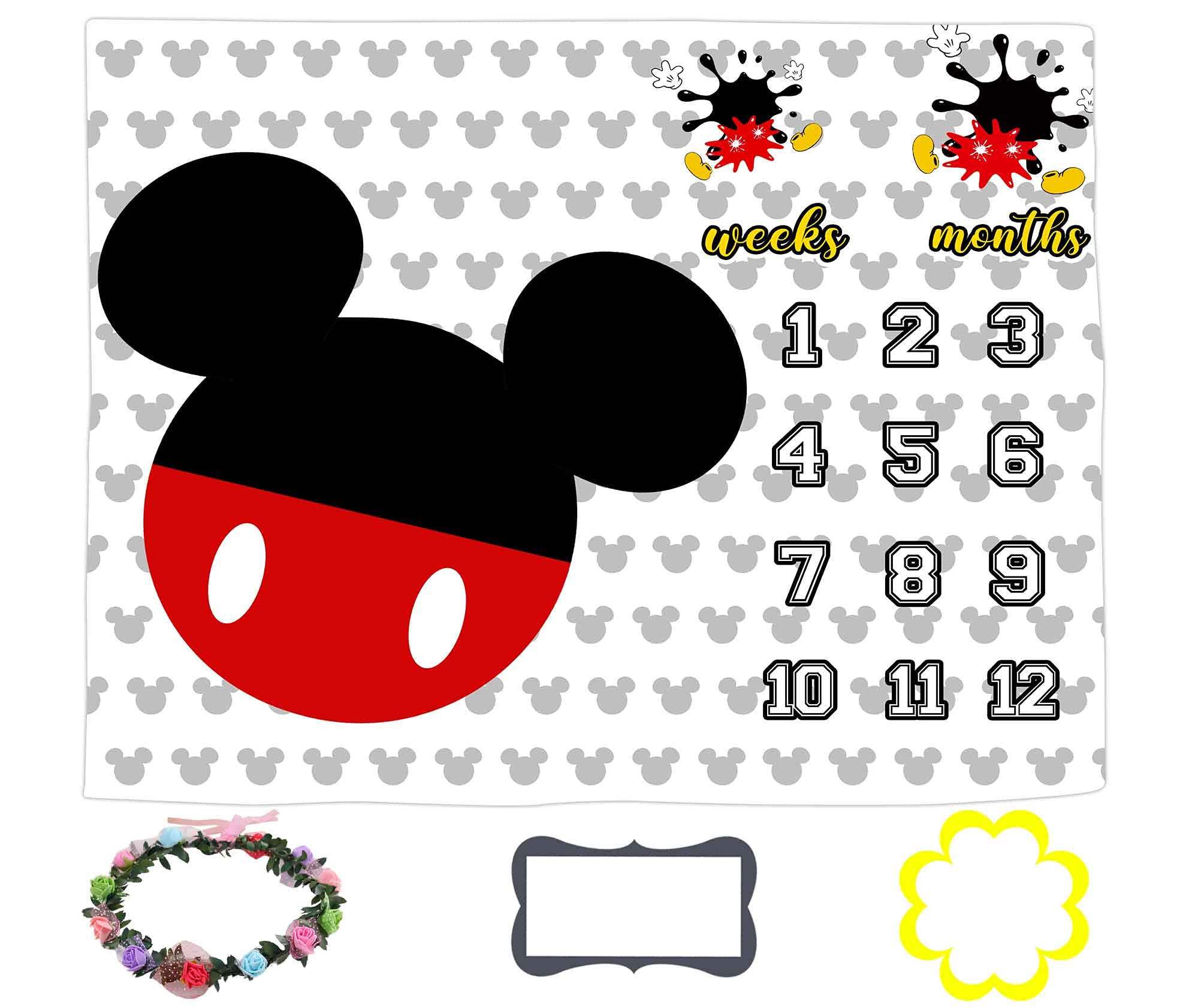 LYLYCTY Baby Monthly Milestone Blanket - 60x40 Inch Newborn Photography Backdrop for Baby Shower, First Birthday & Monthly Photo Shoots - Soft Black & Red Mouse Design for Perfect Baby Memories