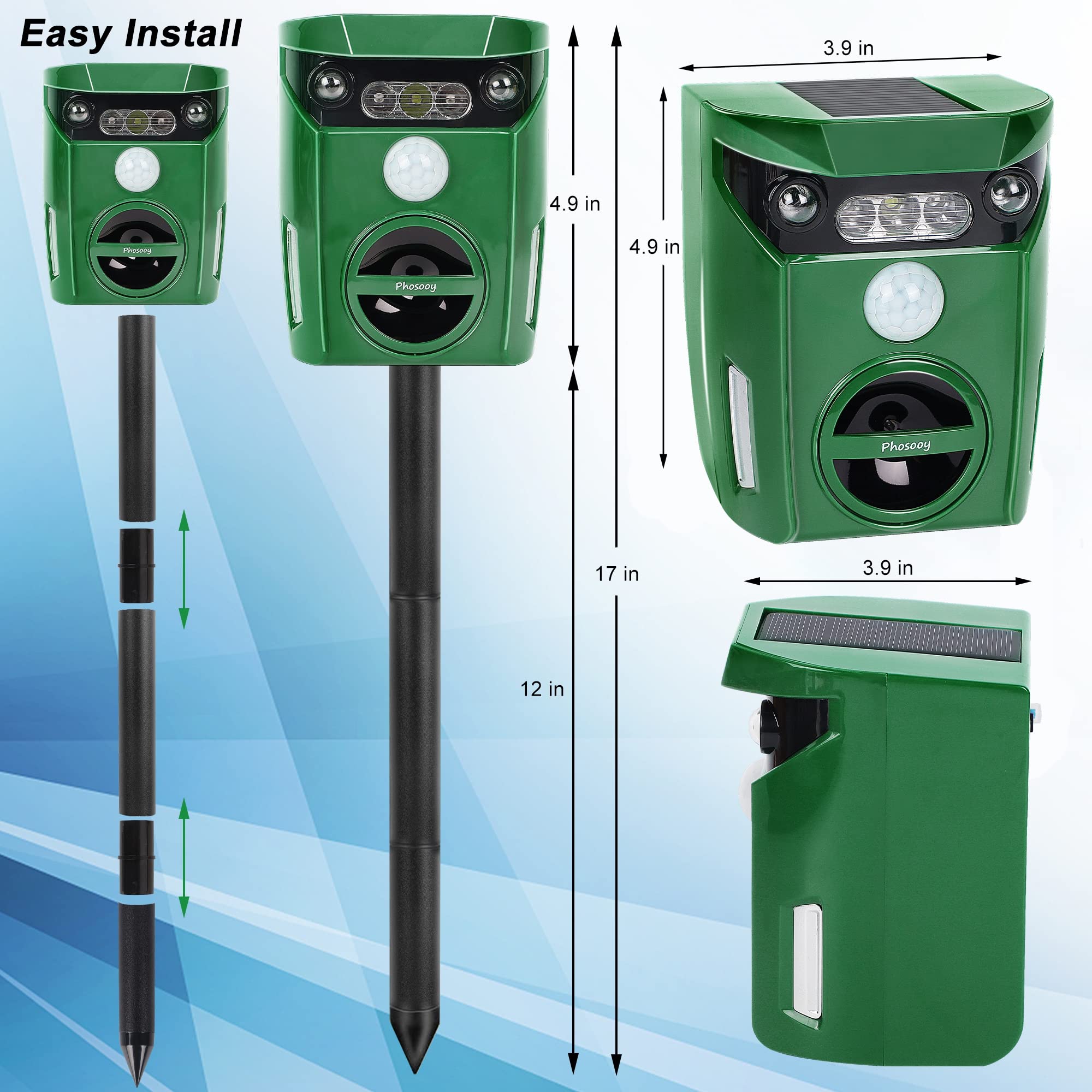 Solar Ultrasonic Animal Repeller - Outdoor Waterproof Pest Deterrent with Motion Sensor & LED Flashing Lights - Repels Cats, Squirrels, Rats, Skunks, Raccoons & Deer - Perfect for Gardens, Yards, Farms & Patios