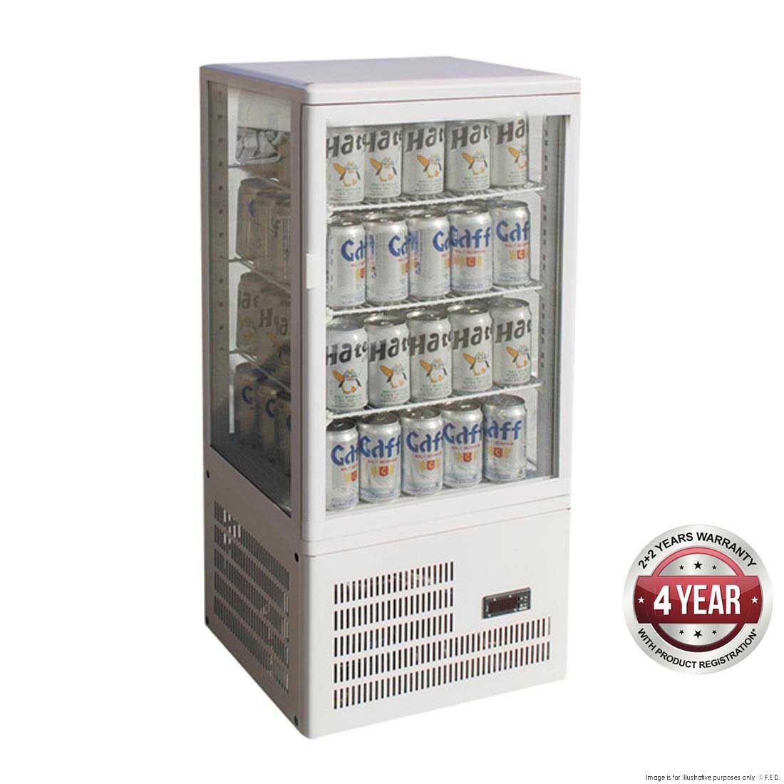 4-Sided Glass Countertop Display Refrigerator - White Commercial Fridge for Beverages, Snacks & Desserts in Cafes, Bakeries & Convenience Stores