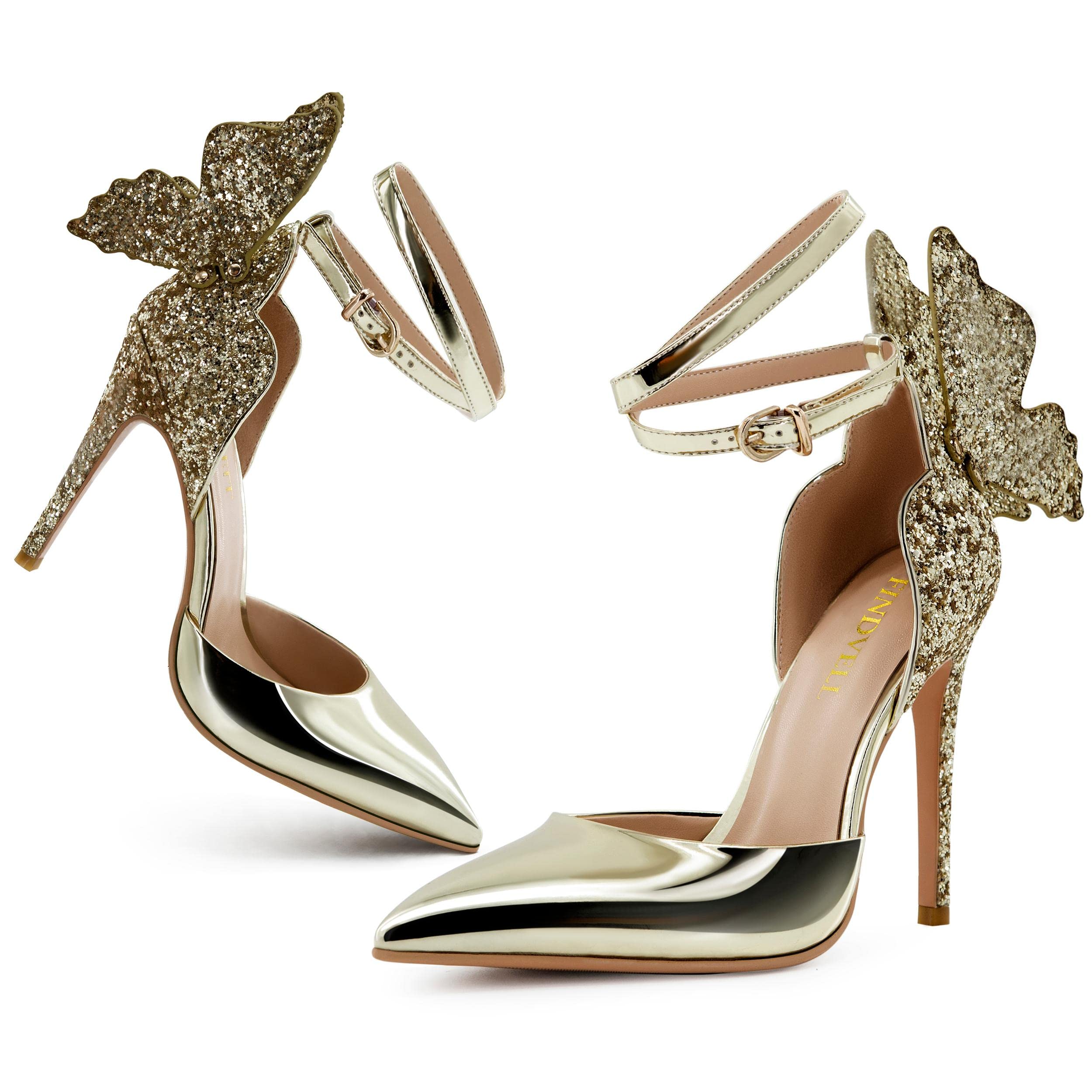 Gold High Heels Butterfly Back Sexy Stiletto Pumps - Sparkly Closed Toe Ankle Strap Dress Sandals for Women | Perfect for Evening Parties, Weddings & Special Occasions