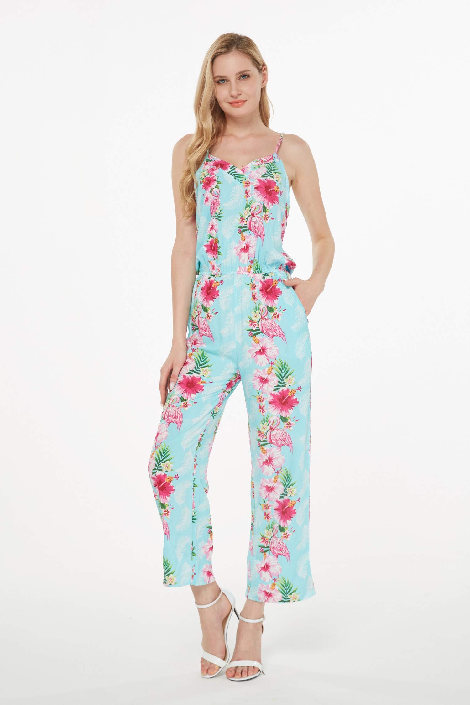 Women's Floral Print V-Neck Jumpsuit with Pockets | Hawaiian Style Strap Romper | Pink Hibiscus Vine Design | Perfect for Beach Vacation, Summer Outfits & Tropical Getaways