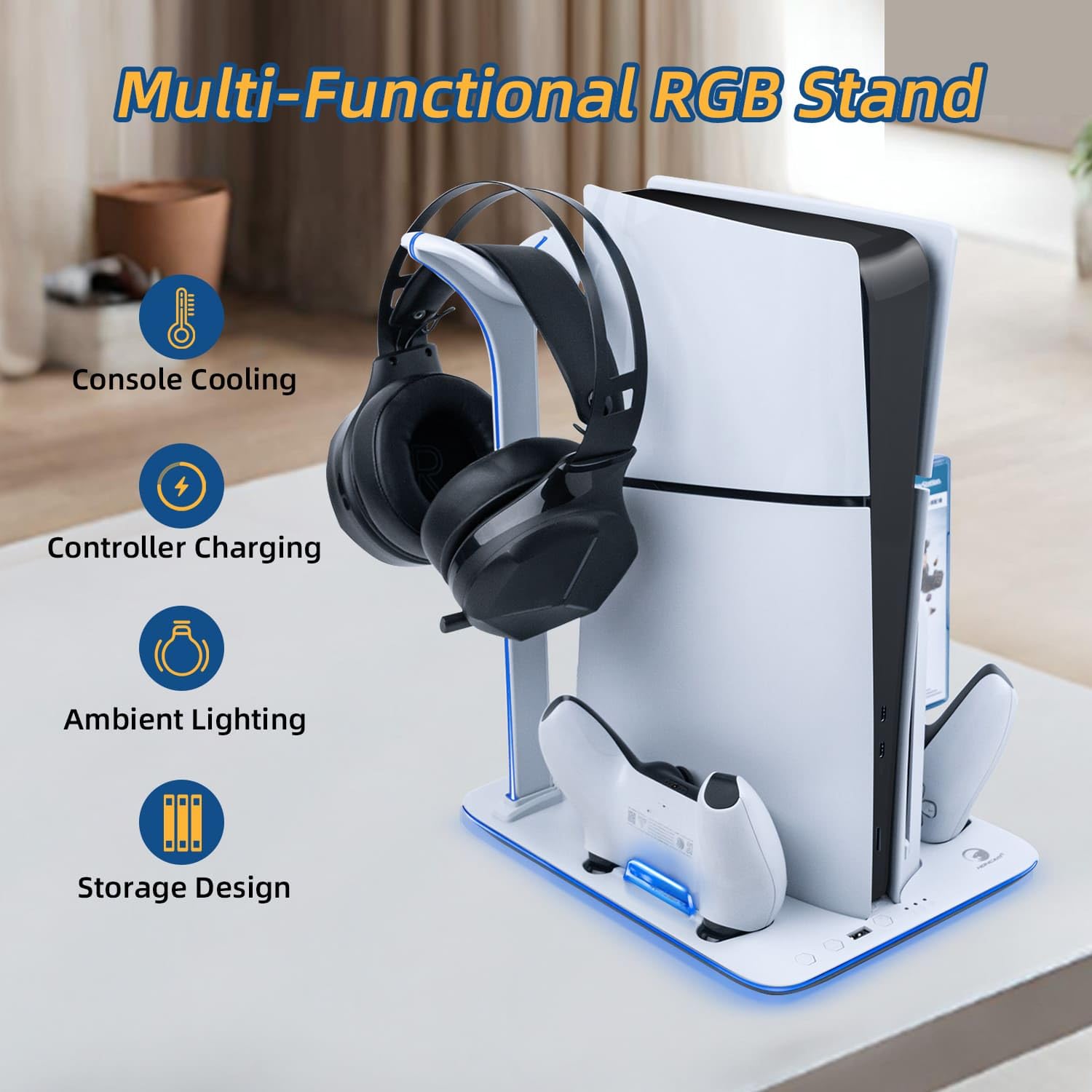 Mcbazel PS5 Slim Charging Station with Cooler & RGB Light - 3-Speed Cooling Dock, Gaming Headset Holder & Disc Storage Accessories - White (Not for PS5/PS5 Pro) | Perfect for Gaming Setup & Console Organization