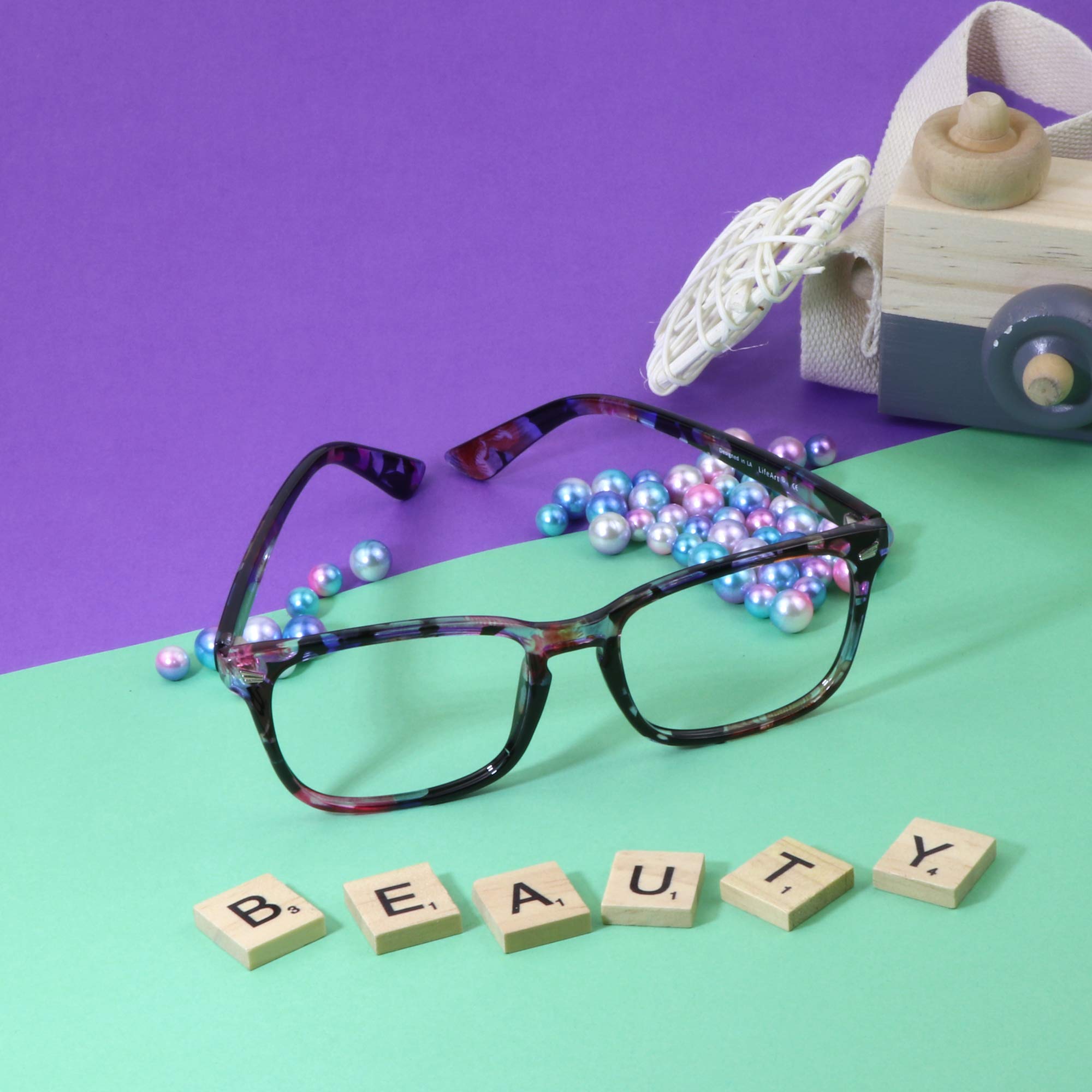 LifeArt Bifocal Reading Glasses with Round Lenses - Blue Light Blocking, Anti Glare Computer Glasses for Women - Gaming, TV & Office Use (Floral Pattern, +0.00/+2.00 Magnification)