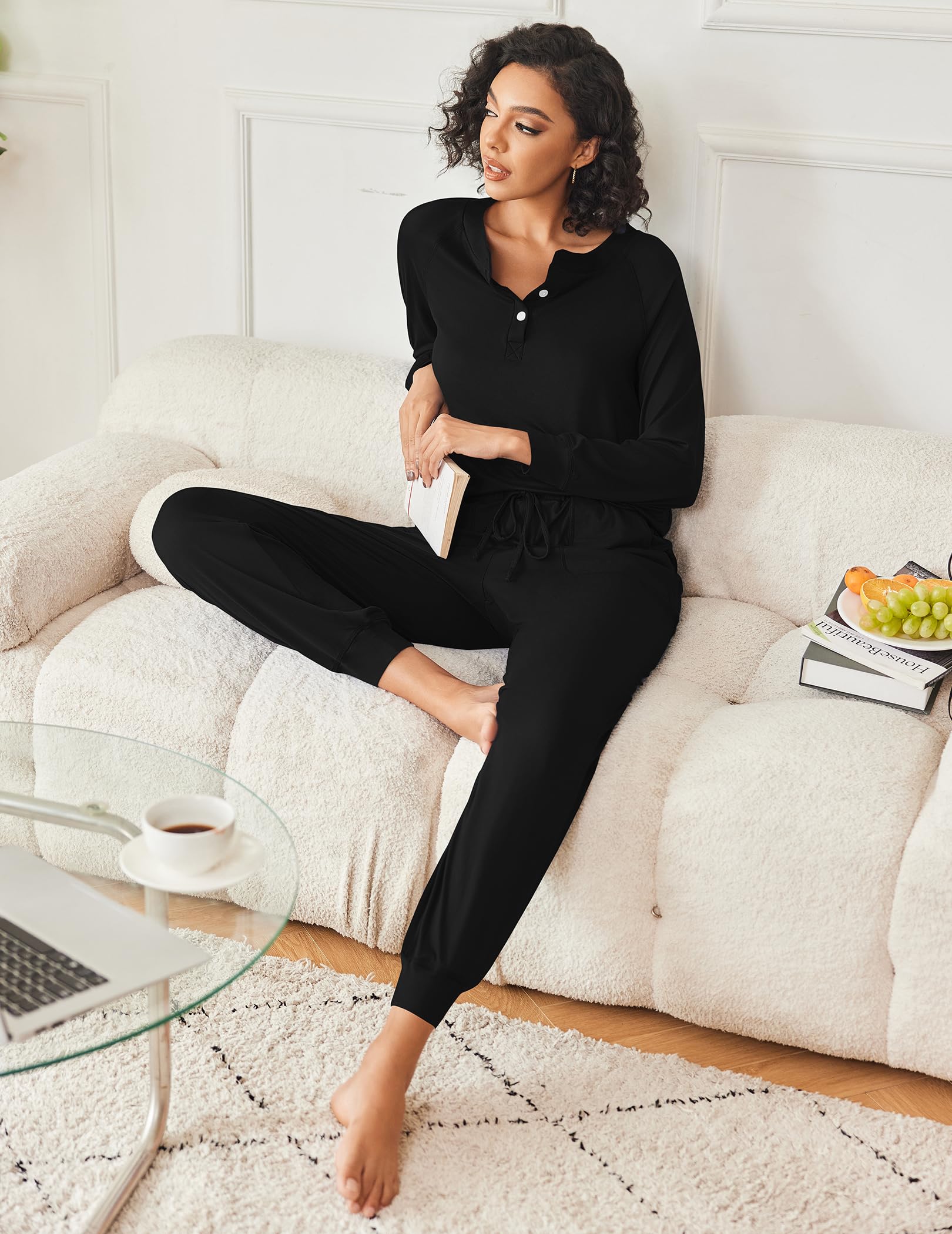 Ekouaer Women's Long Sleeve Pajama Set - Soft 2-Piece Jogger Lounge Wear with Pockets, Comfy Sleepwear & Loungewear for Relaxing at Home, S-XXL