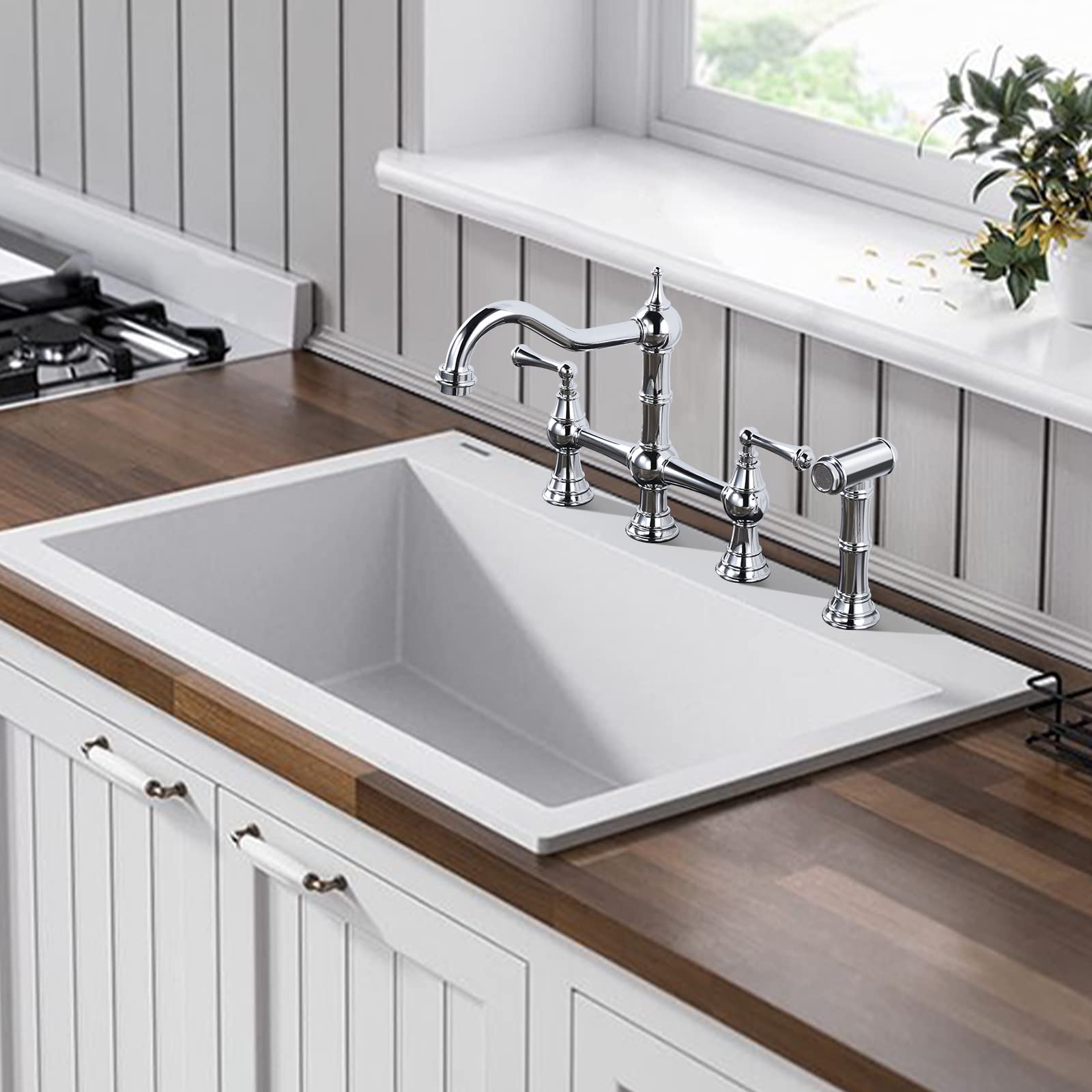 WOWOW 4-Hole Centerset Kitchen Faucet with Pull-Out Sprayer - 8 Inch Brass Bridge Faucet with 2 Handles - Vintage Farmhouse Chrome Sink Faucet for Modern & Rustic Kitchens