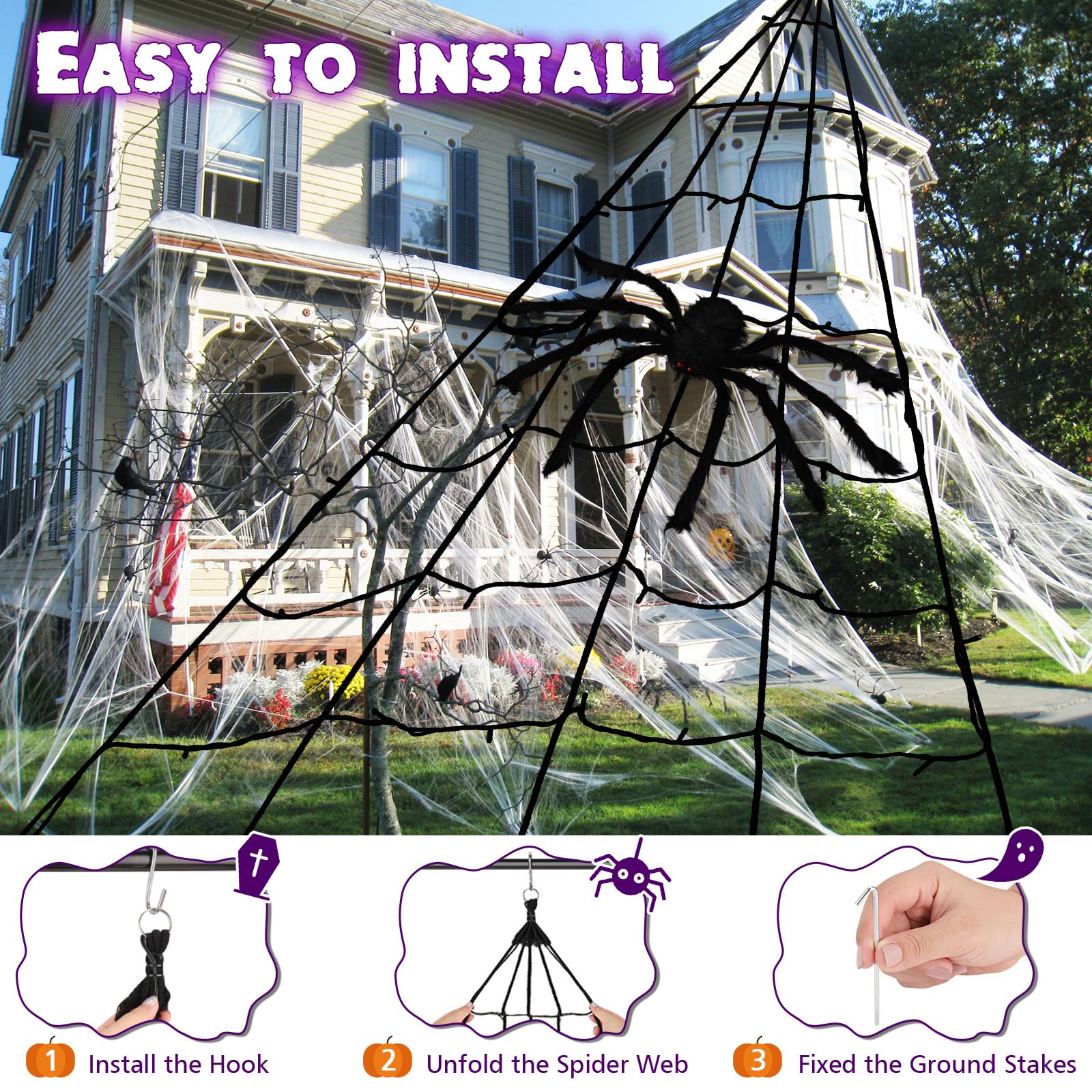 19.7FT Halloween Spider Web Lights with Large Hairy Spider & 250 Purple LEDs - 8 Lighting Modes, Waterproof Outdoor Decor for Yard, Garden, and Porch | Perfect for Halloween Party, Haunted House, and Spooky Night Decorations