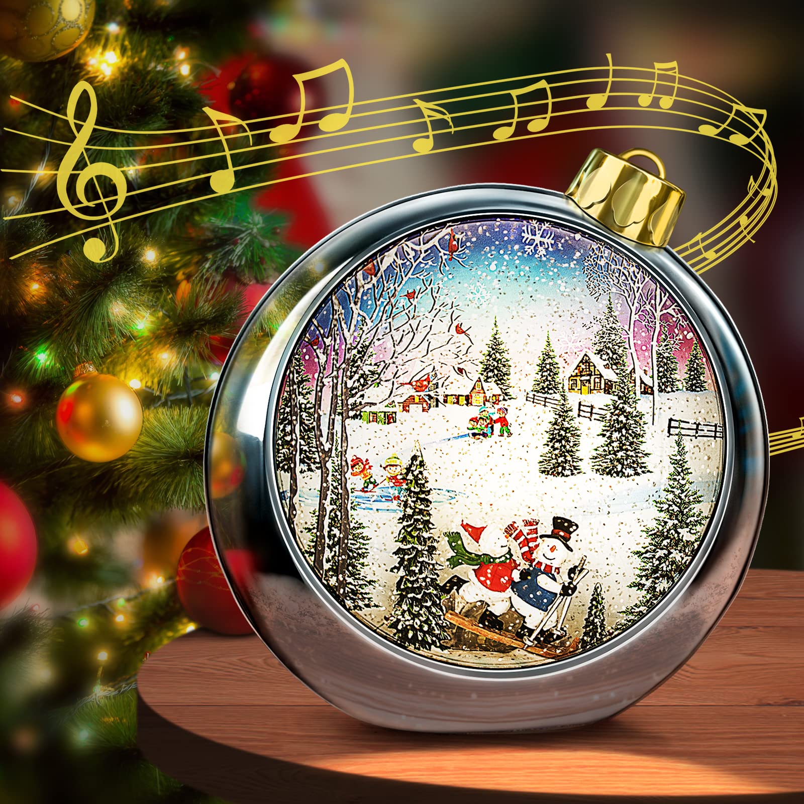 Lighted Christmas Snow Globes with 6H Timer & 8 Holiday Songs - Silver Round Musical Lantern with Xmas Tree Decor for Home, Office, and Holiday Party Decorations