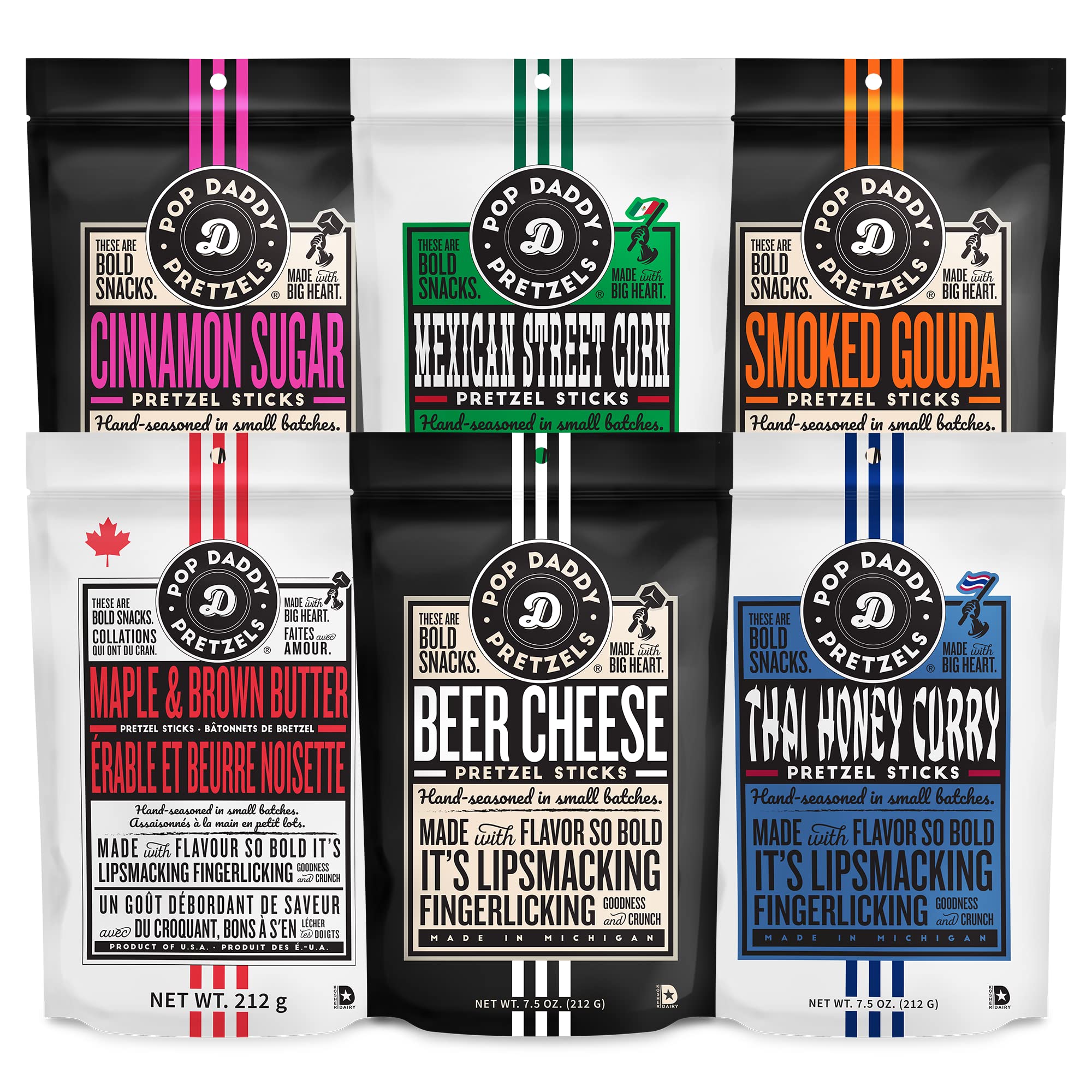 Pop Daddy Flavored Pretzel Sticks - Healthy Gourmet Snack, 7.5oz Variety Pack (6 Pack) - Thai Honey Curry, Maple Brown Butter, Mexican Street Corn, Beer Cheese, Cinnamon & Smoked Gouda - Perfect for Parties, Office Snacks & Movie Nights