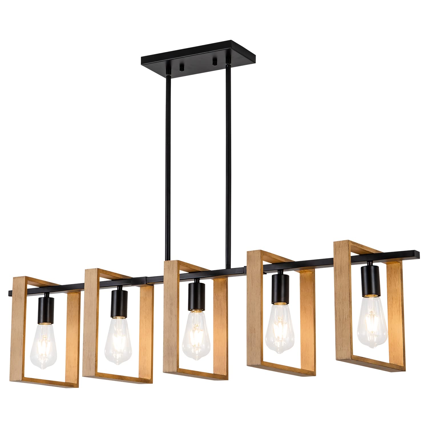 Farmhouse Chandelier - 5-Light Wood and Black Rustic Pendant Lighting for Dining Room & Kitchen Island (41.3