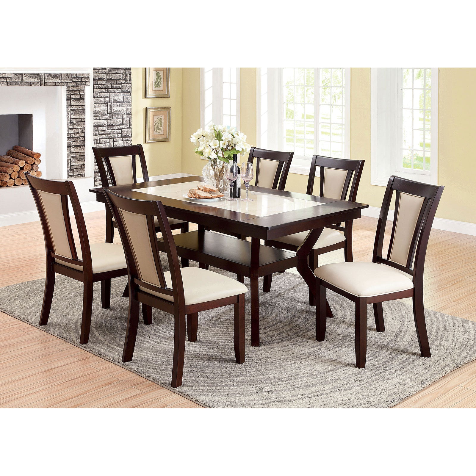 Modern Set of 2 Dark Cherry & Ivory Solid Wood Side Chairs with Padded Leatherette Upholstered Seats - Kitchen & Dining Room Furniture for Home Decor