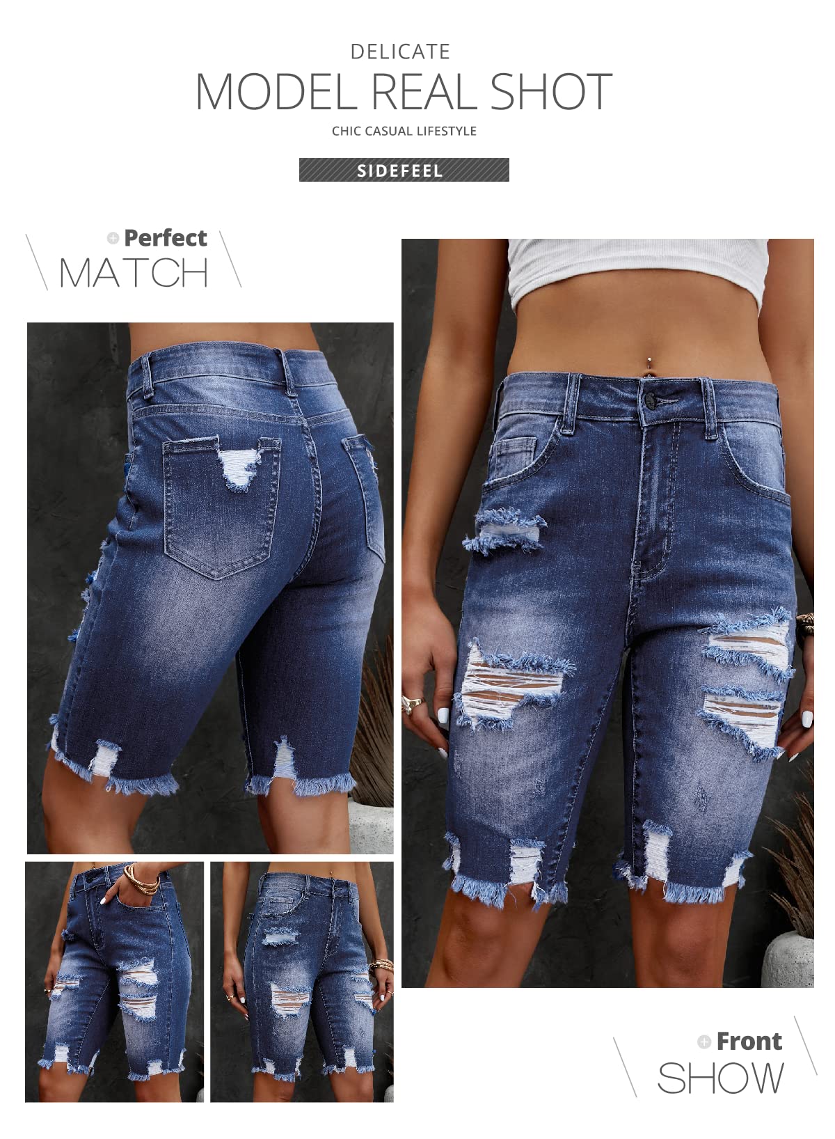 Sidefeel Women's Distressed Denim Bermuda Shorts with Raw Hem - High Waisted Casual Jean Shorts for Summer, Beach, and Everyday Wear