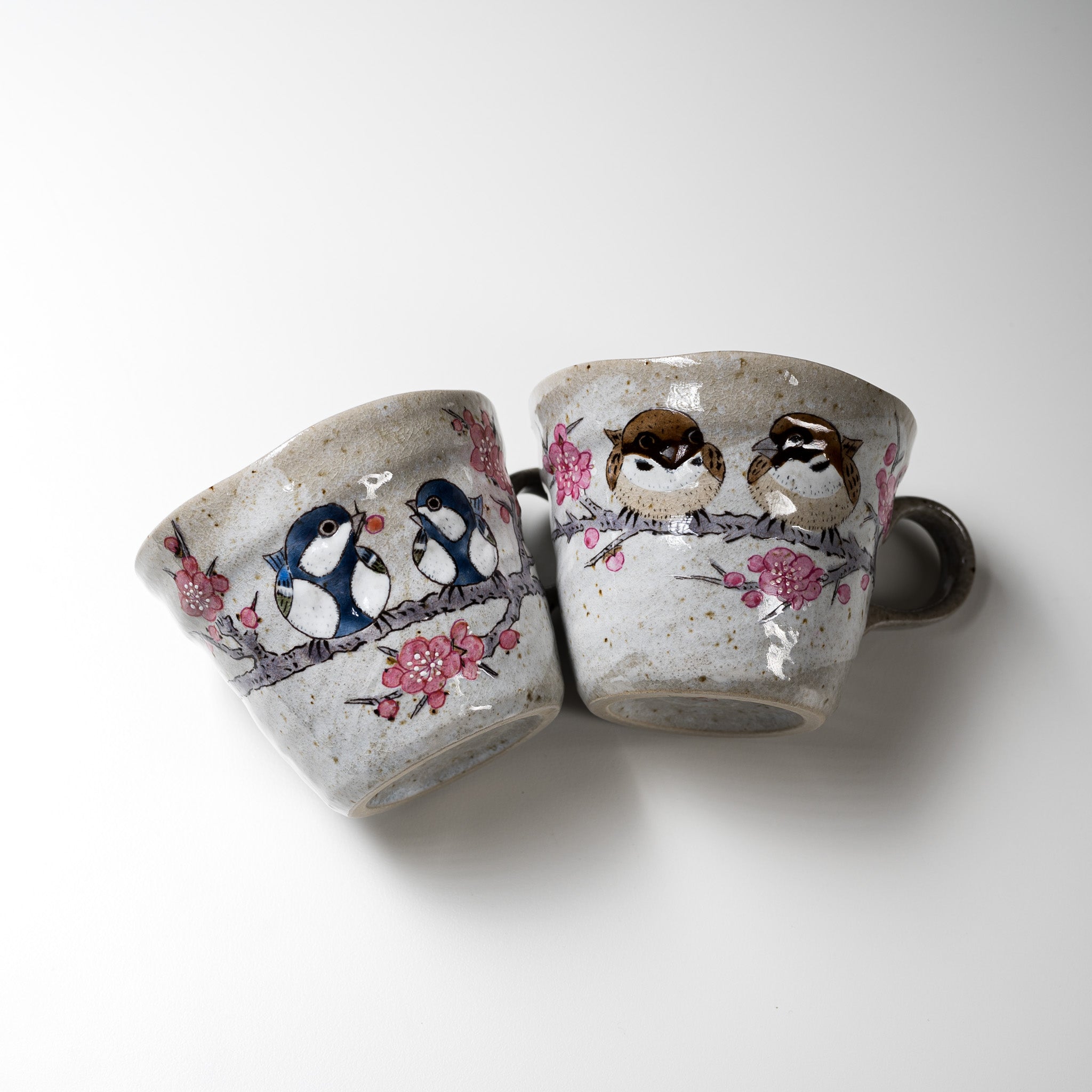 Kutani Ware Pair Mug Cup - Japanese Tit and Sparrow Design - Handcrafted Japanese Ceramic Coffee Tea Cups - Perfect for Home, Office & Gift Giving