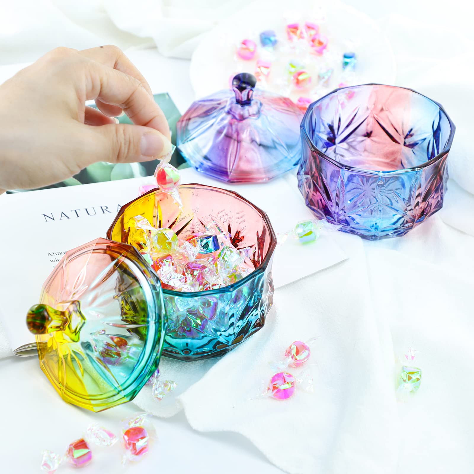 Royal Embossed Clear Glass Apothecary Jar with Lid - 7oz Decorative Candy, Jewelry & Food Storage Container for Weddings, Buffets & Home Decor (Leaves & Purple Design) - Perfect for Candy Displays, Bathroom Organizers & Kitchen Pantry Storage