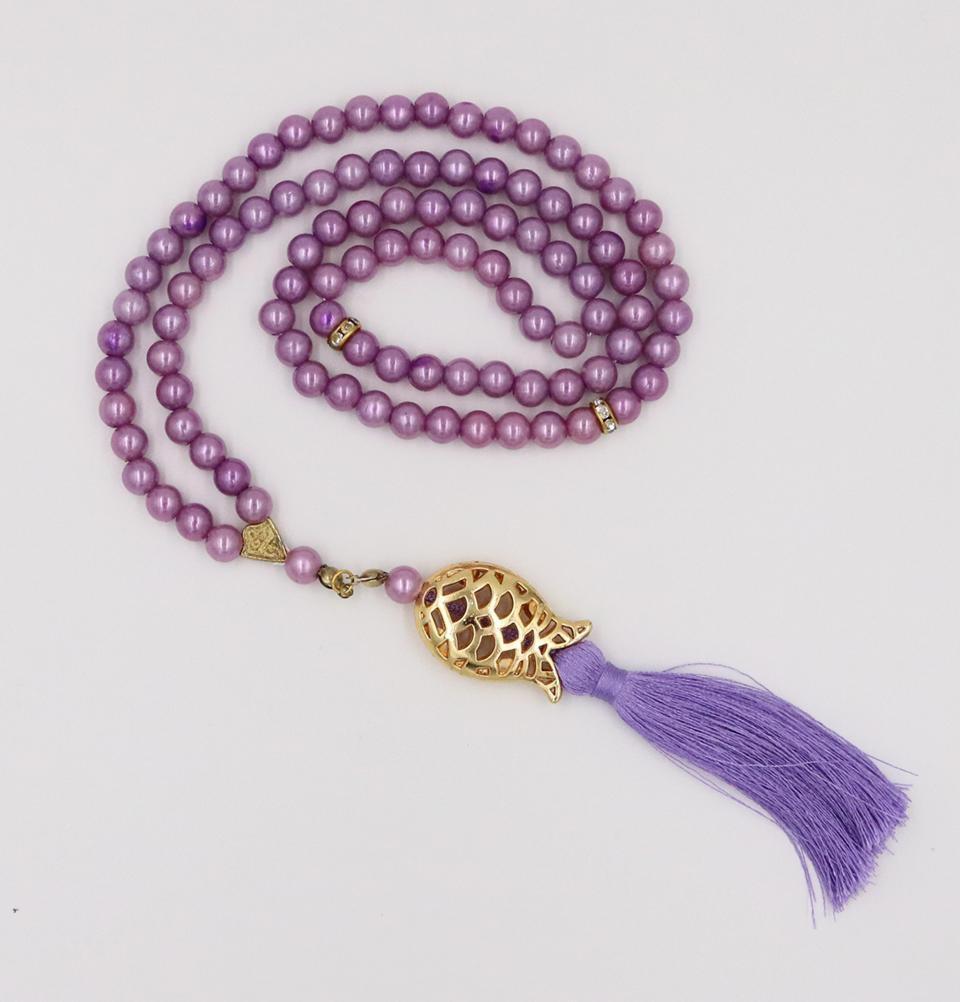 Premium Islamic Tesbih - 99 Count Acrylic Pearl Prayer Beads with Elegant Tulip Tassel in Lilac - Perfect for Daily Dhikr, Meditation & Spiritual Gifts