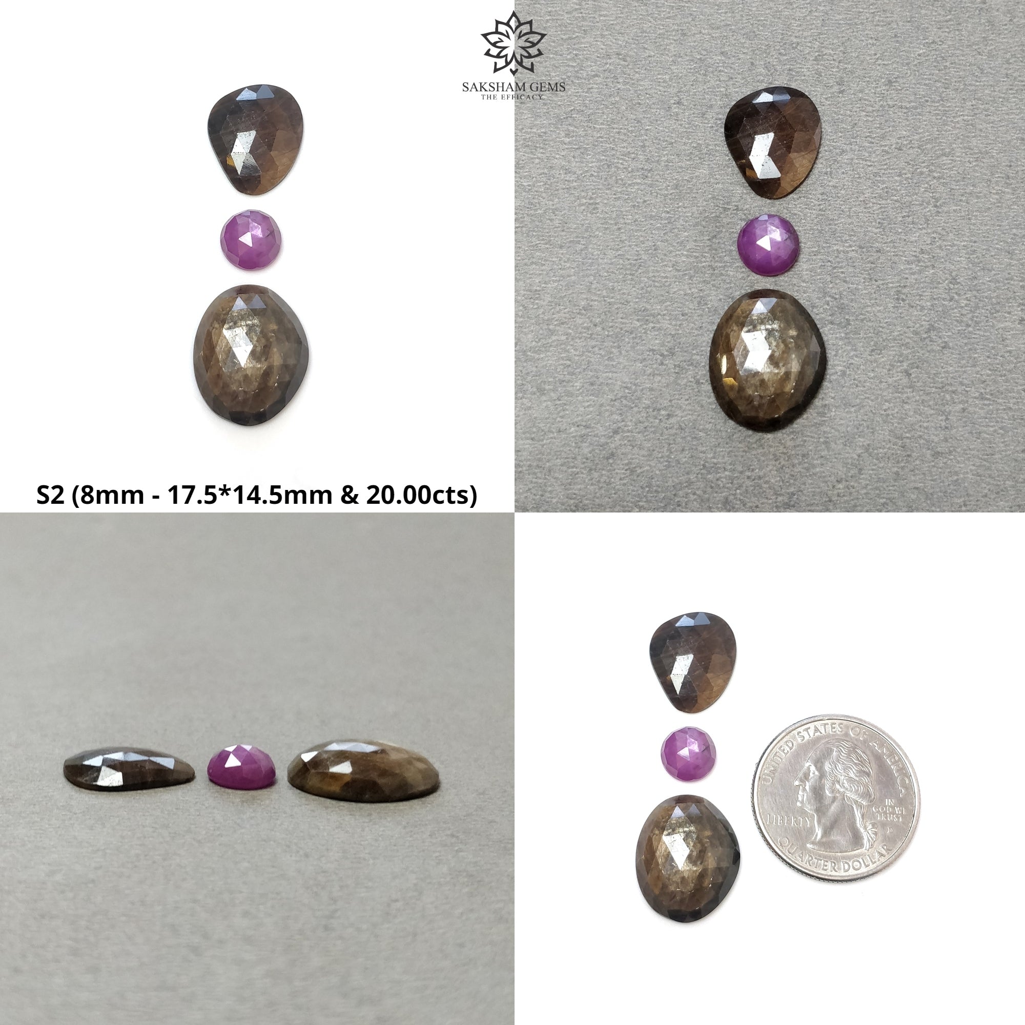 Natural Untreated Golden Brown Chocolate & Pink Sapphire Gemstone Rose Cut - Round Cushion & Unique Shape 3pc Set for Jewelry Making, Engagement Rings & DIY Crafts