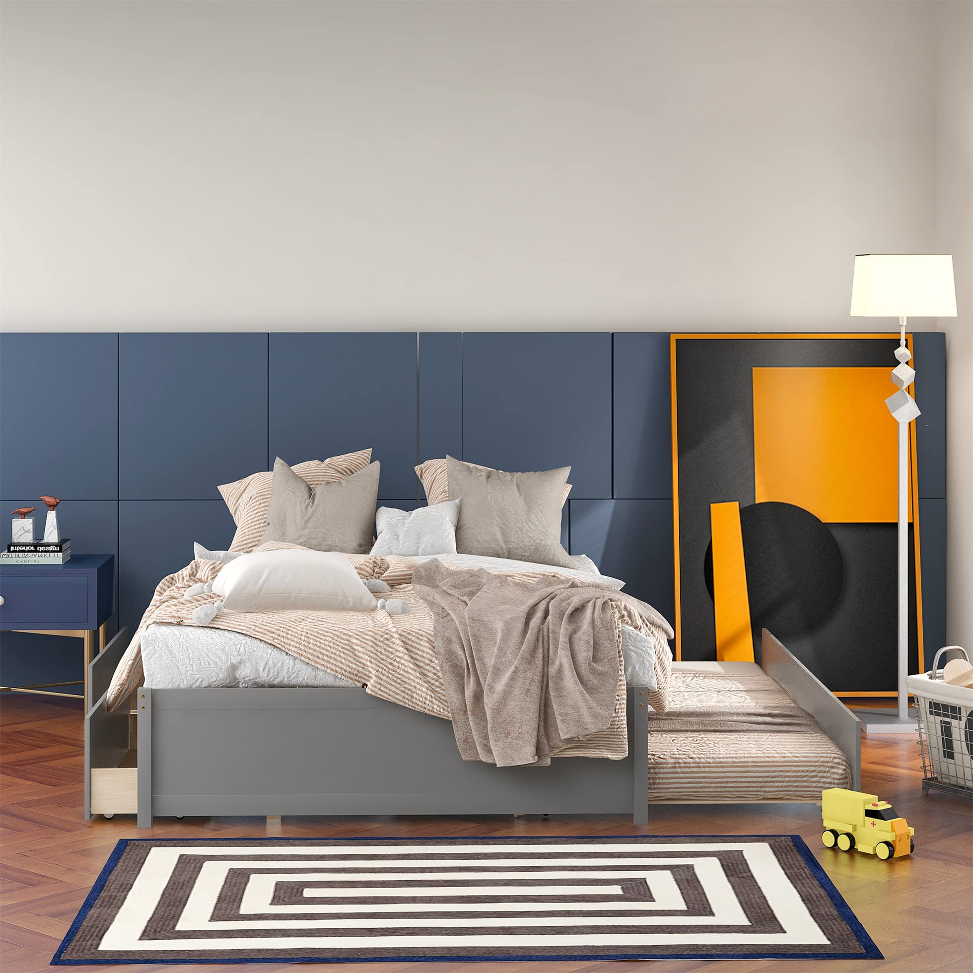 Harper & Bright Designs Full Size Platform Bed Frame with Trundle and 2 Drawers - Space Saving Wooden Bed for Kids, Teens & Adults (Grey) | Perfect for Small Bedrooms, Guest Rooms & Dormitories
