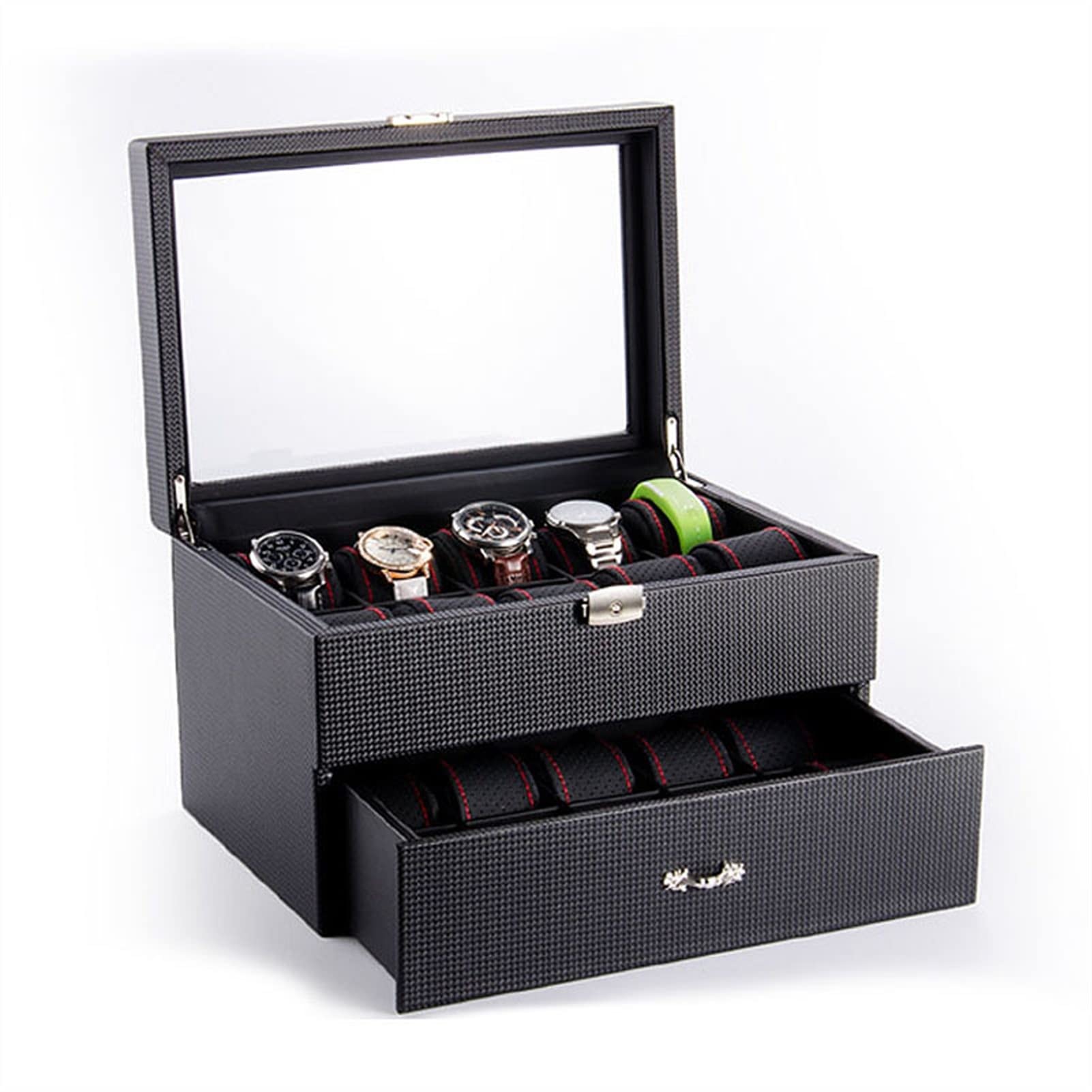 HMJZ Men's Watch Box Organizer - 20 Slot Faux Leather Jewelry Storage Case with Valet Drawer | Holds Watches, Sunglasses, Rings & Phone | Sleek Black Carbon Fiber Design with Glass Top | Perfect for Travel, Gifts & Home Display