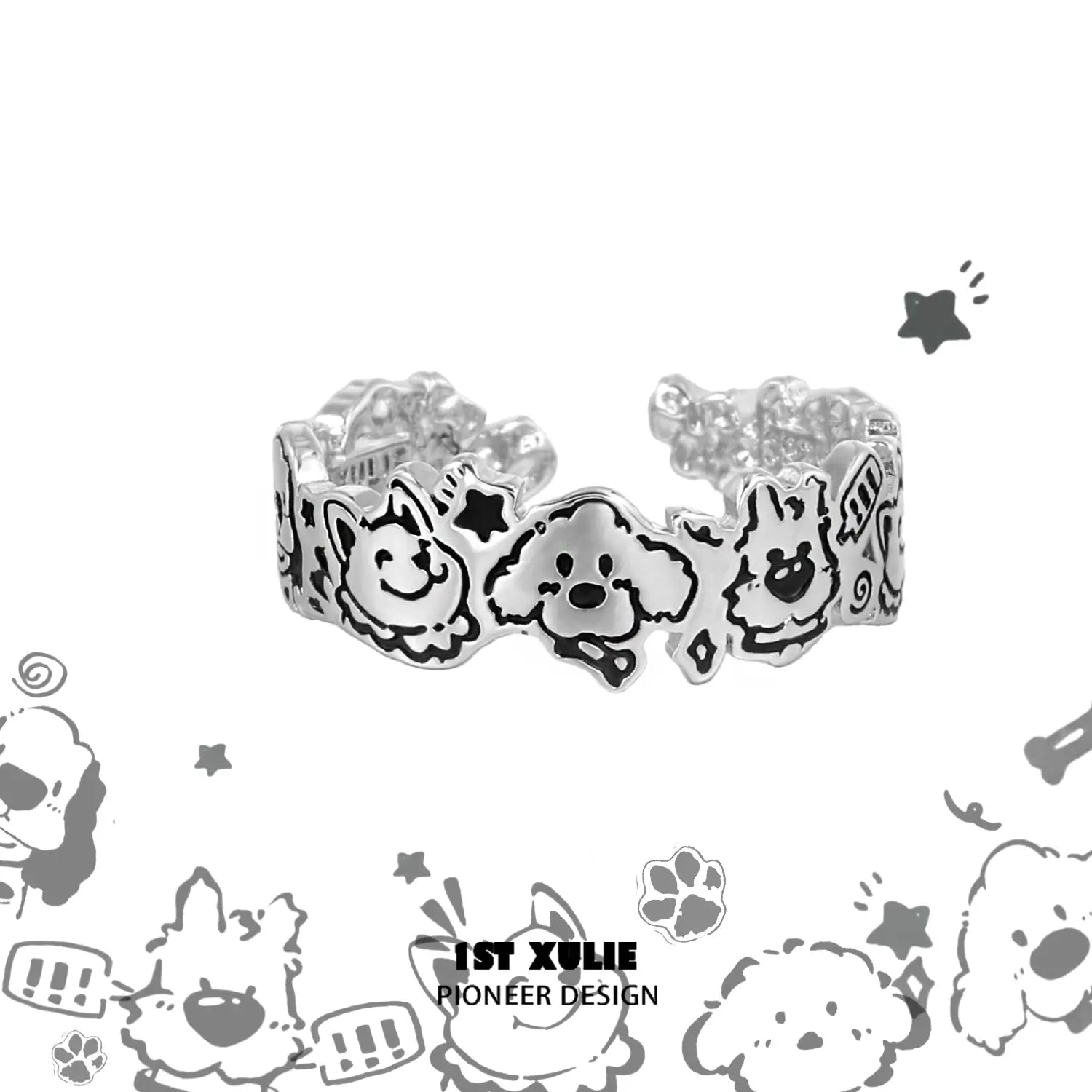 Graffiti Puppy S925 Sterling Silver Dog Ring - Adjustable Puppy Jewelry for Women & Men - Perfect for Gifts, Parties & Everyday Wear