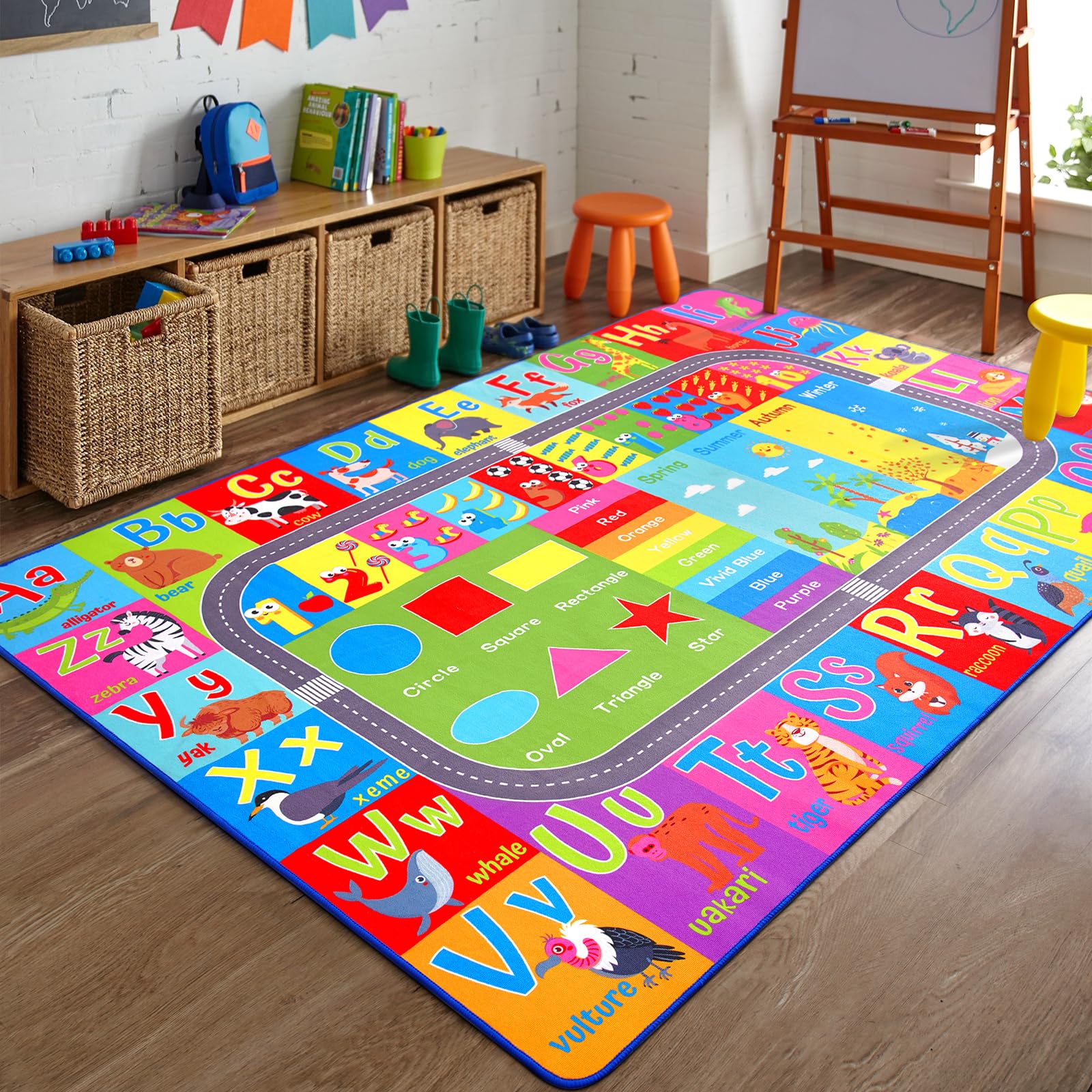 Premium HOMORE Kids Educational Rug 7x10 ft - Alphabet, Numbers, Colors, Seasons & Animals Learning Playmat for Classroom, Playroom & Homeschooling - Non-Slip Children's Activity Carpet for Early Education