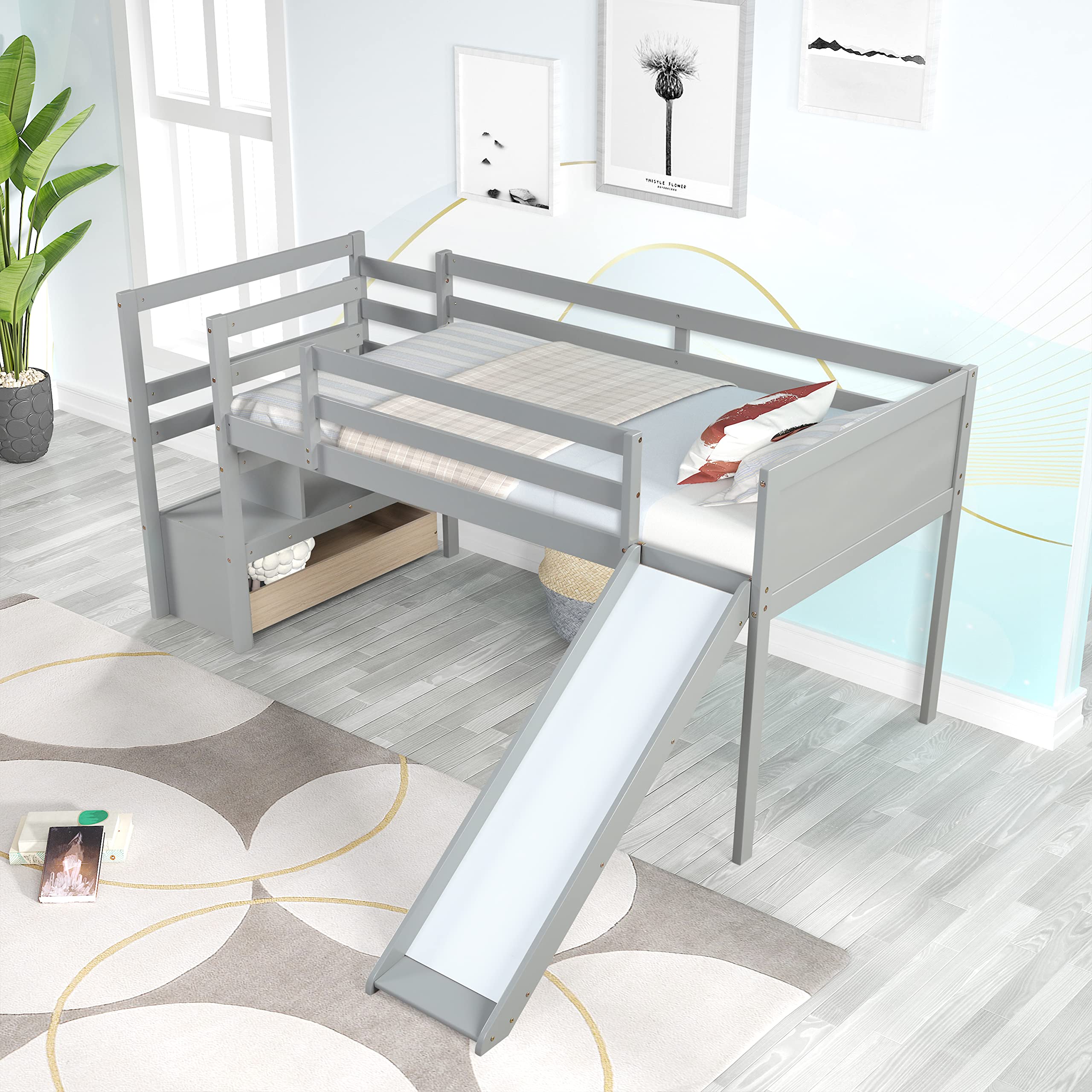 Harper & Bright Designs Low Loft Bed with Slide & Drawers - Twin Size Wood Loft Bed Frame with Storage Shelf, Stairs & Safety Rail - Kids Bed for Toddlers, Teens - No Box Spring Needed - Grey - Perfect for Small Rooms & Play Areas