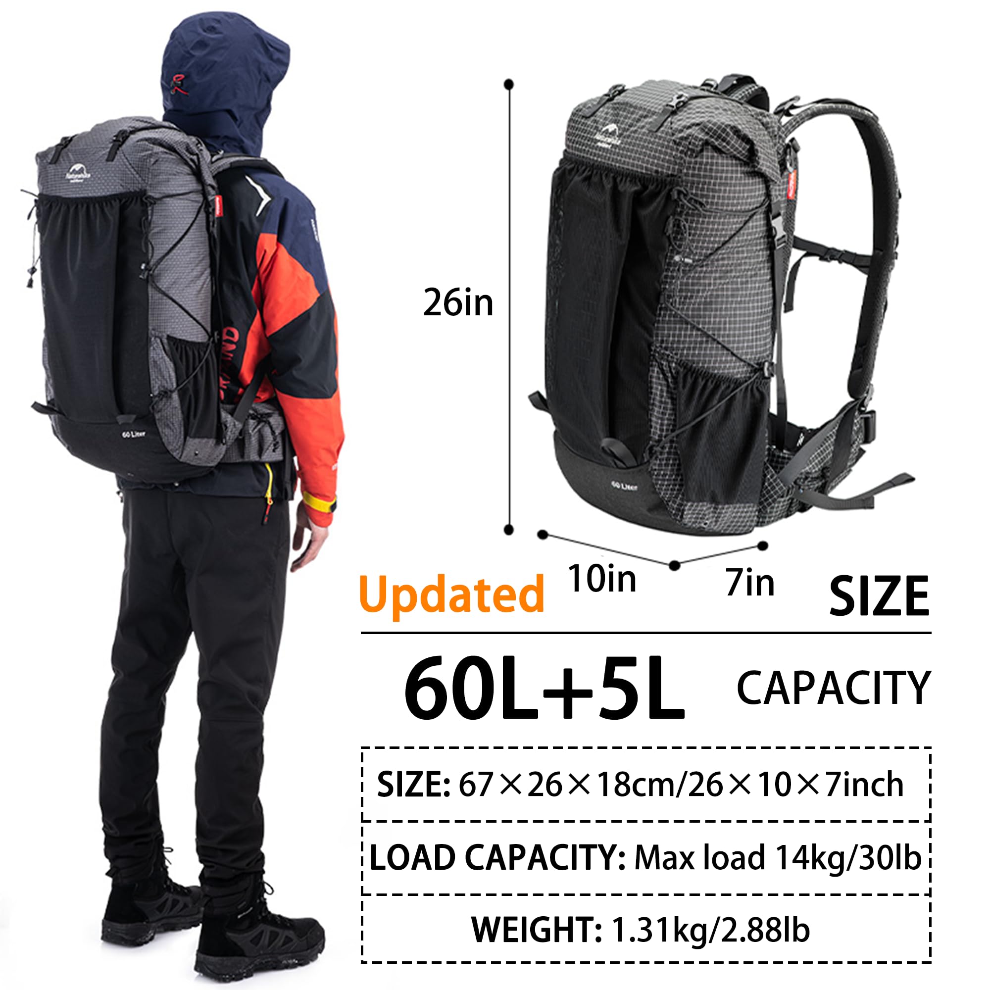 Naturehike 40L/60L+5L Internal Frame Hiking Backpack - Waterproof Camping Backpack with Rain Cover, Ultralight Outdoor Daypack for Hiking, Backpacking & Survival Gear - Perfect for Camping Trips, Mountain Trekking and Travel Adventures (60+5L Updated Version)