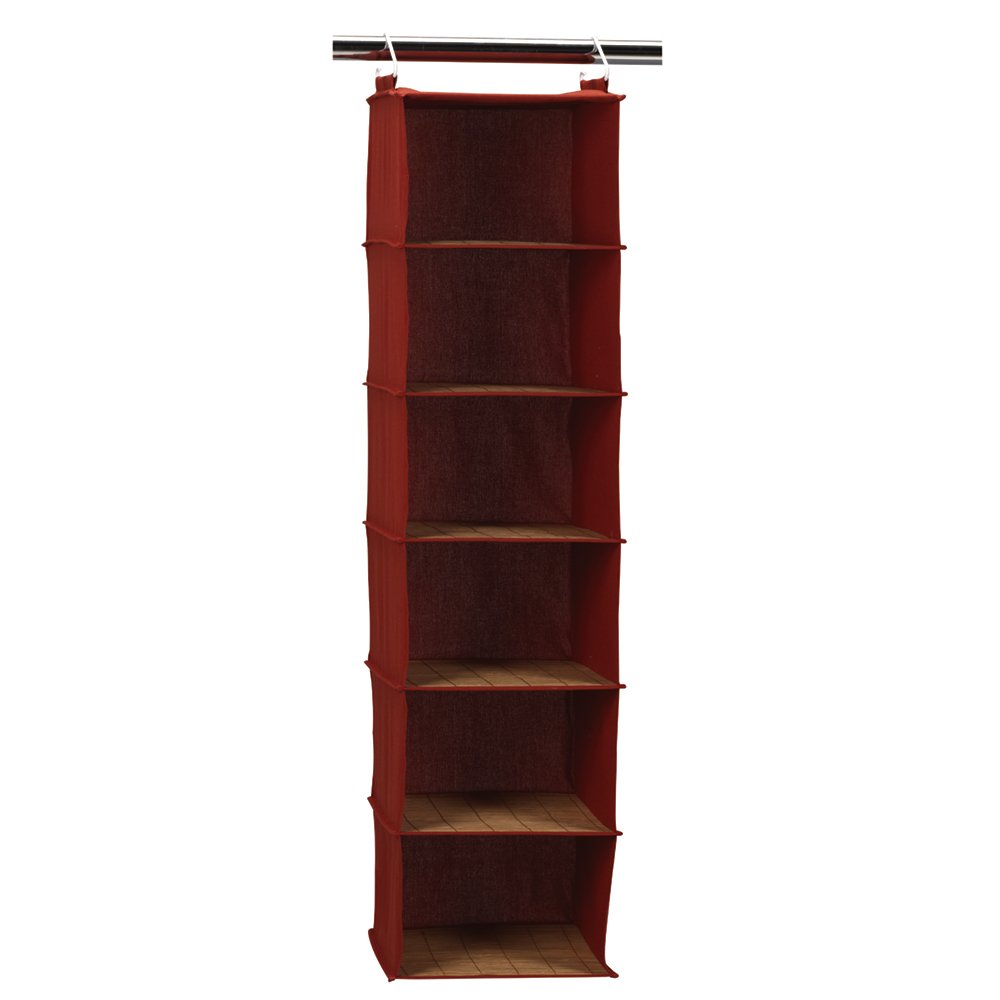 6-Shelf Hanging Closet Organizer - Dark Red Canvas with Bamboo Accents | Space-Saving Storage for Bedroom, Closet & Dorm Organization | Household Essentials for Clothes, Shoes & Accessories