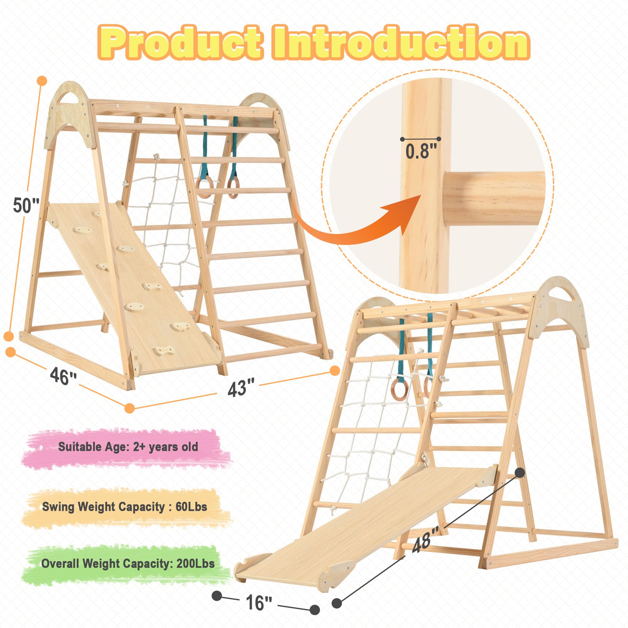 OLLIKIVI Wooden Jungle Gym Indoor Playground - Montessori Climber Playset with Tent, Slide, Gymnastics Rings & Climbing Net for Toddlers Ages 1-6 | Perfect for Home Playrooms, Daycares & Preschools