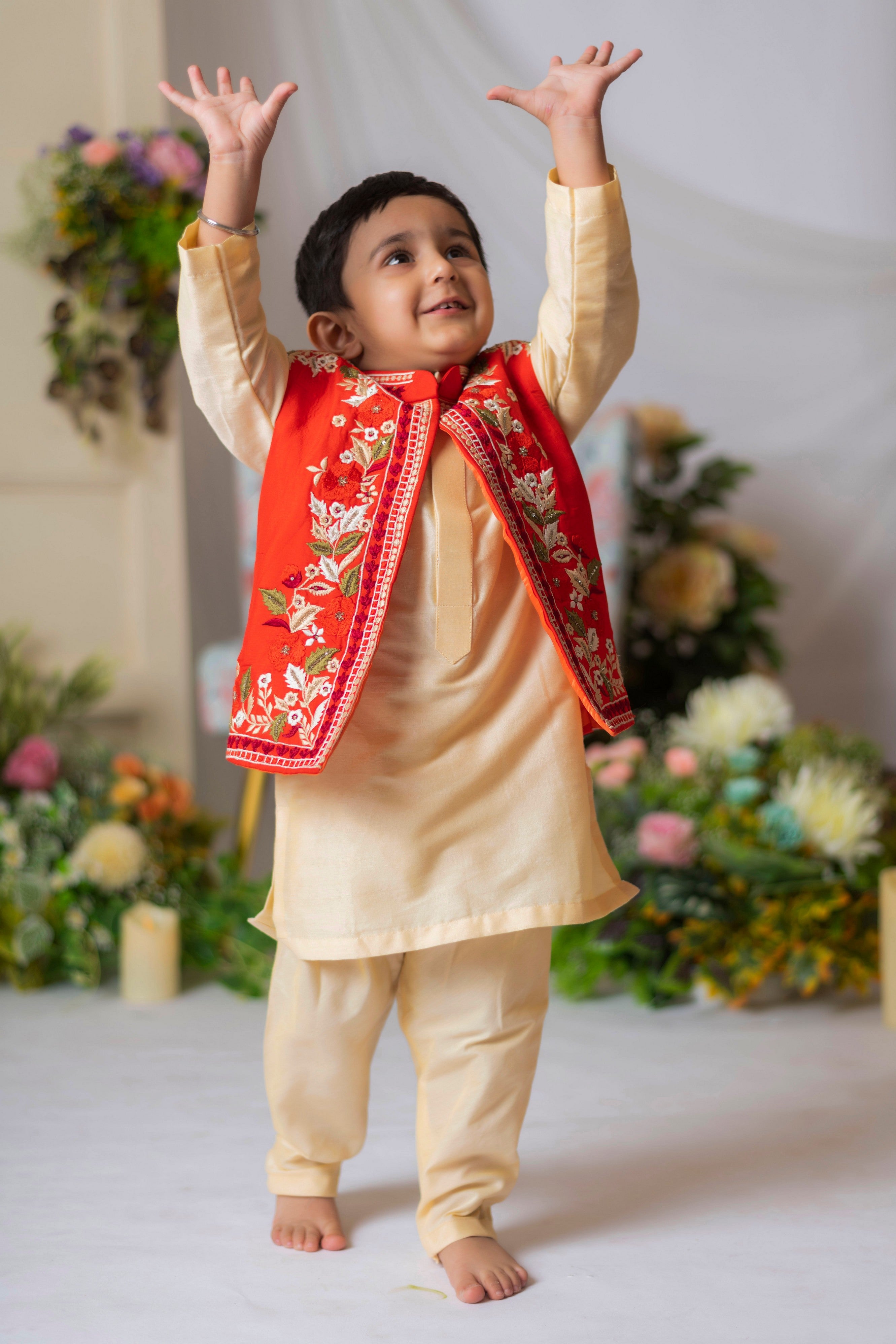 Pre Order: Embroidered Open Nehru Jacket with Beige Kurta Set for Men | Traditional Indian Ethnic Wear for Weddings & Festivals