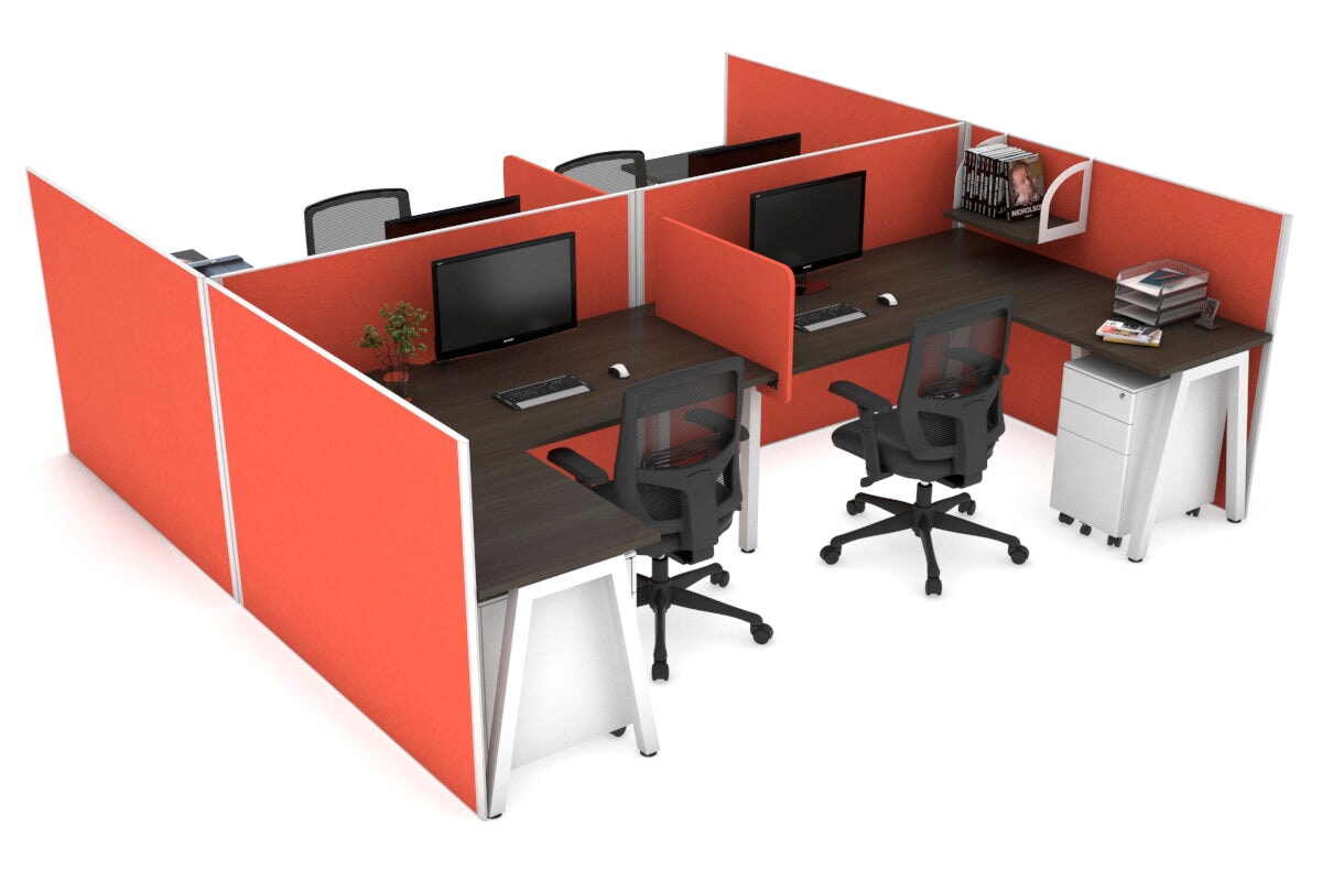 Quadro A Legs 4-Person Corner Workstation - H Configuration White Frame [1600L x 1800W with Cable Management] | Modern Office Desk for Home & Business Workspaces