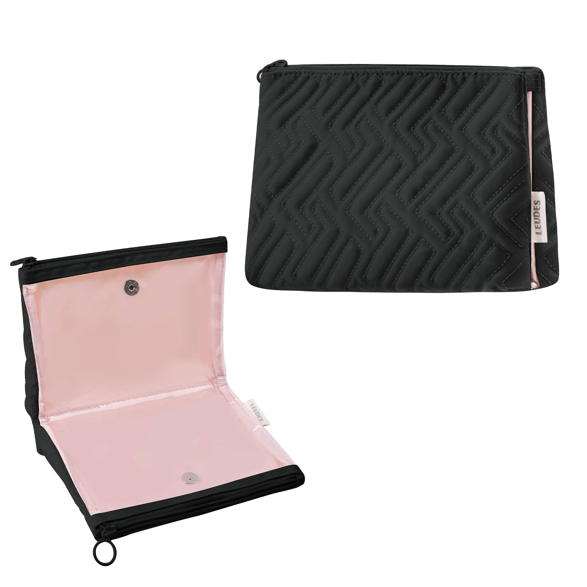 **Leudes Cute Black Medium Makeup Bag for Women - Travel Cosmetic Organizer with Zipper, Clear Toiletry Pouch for Skincare Essentials | Perfect for Travel, Gym & Daily Use**