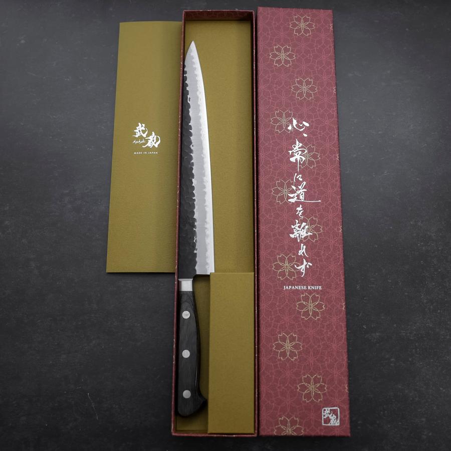 Premium Sujihiki Japanese Knife 240mm - Stainless Clad Blue Super Steel, Kurouchi Tsuchime Finish, Western Brown Handle - Perfect for Slicing Sashimi, Meat & Sushi Preparation