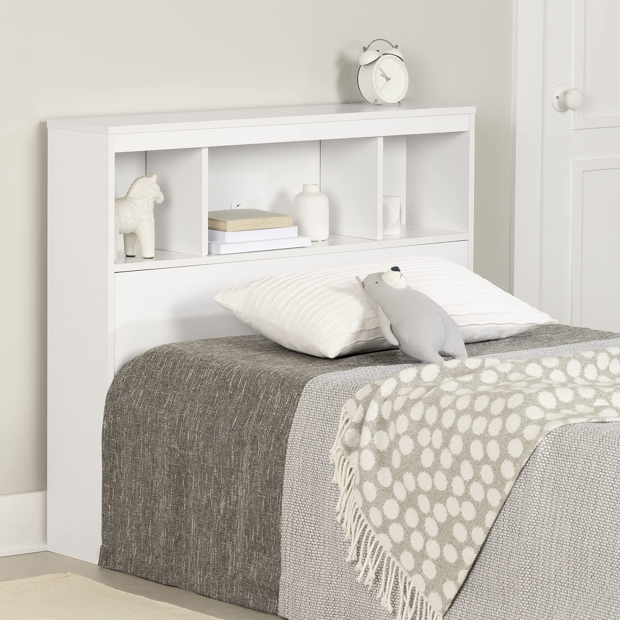 South Shore Summertime Bookcase Headboard with Storage - Twin Size, Pure White Finish - Perfect for Kids' Bedrooms, Dorm Rooms & Small Spaces