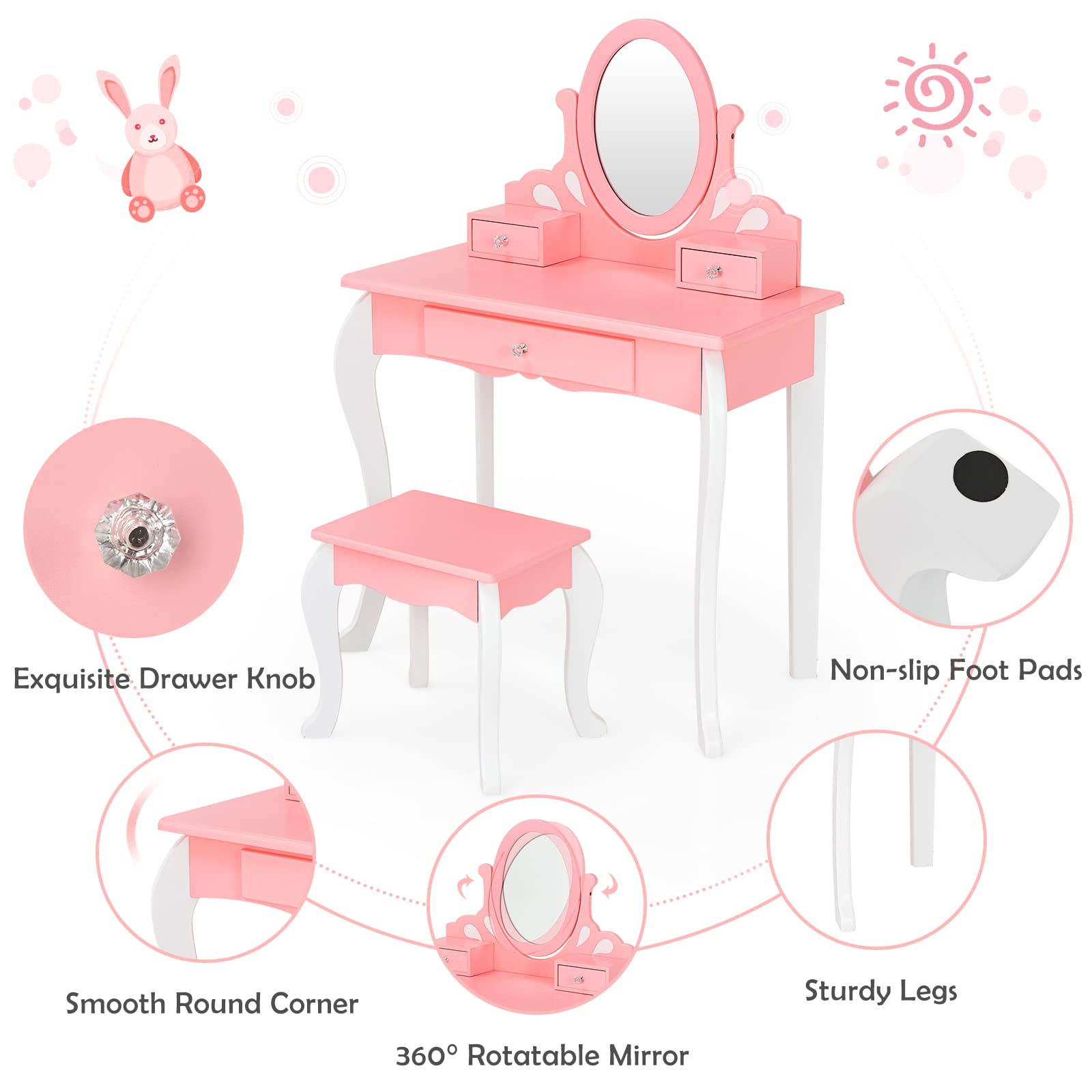 KOTEK 2-in-1 Wooden Princess Makeup Vanity Set with 360° Rotating Mirror, Detachable Top & Storage Drawers - Pink Kids Dressing Table with Stool for Girls | Pretend Play, Birthday Gift, Bedroom Decor, Toddler Room Furniture