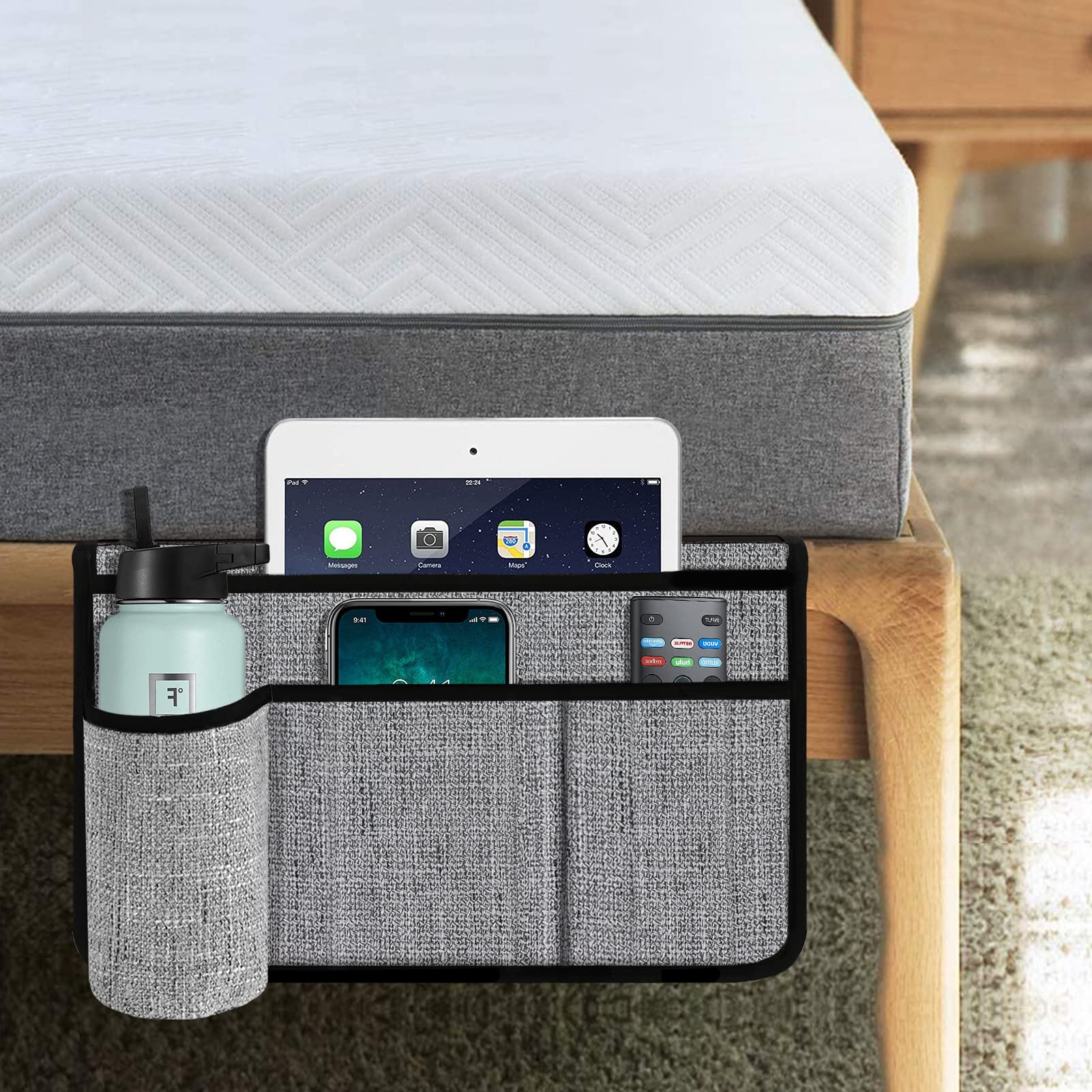 Joywell Bedside Storage Organizer - Faux Linen Table Cabinet with 4 Pockets & Bottle Holder for Remotes, Phone, Glasses (Grey) - Perfect for Nightstand, Living Room, and Office Organization