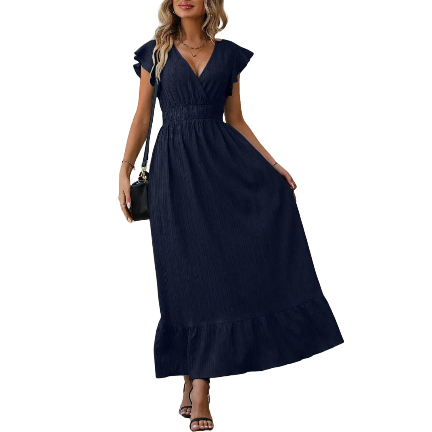 Women's Casual V-Neck Wrap Maxi Dress with Ruffle Sleeves - Flowy High Waist Summer Dress for Beach, Party & Everyday Wear