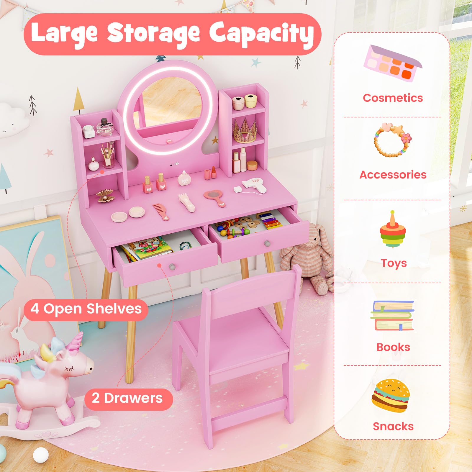 HONEY JOY Kids Vanity Set with Mirror, Stool & Lights - Pink Toddler Makeup Dressing Table with Storage Drawers & Shelves - Pretend Play Vanity for Girls - Perfect for Bedroom Decor, Birthday Gifts & Role Play Activities