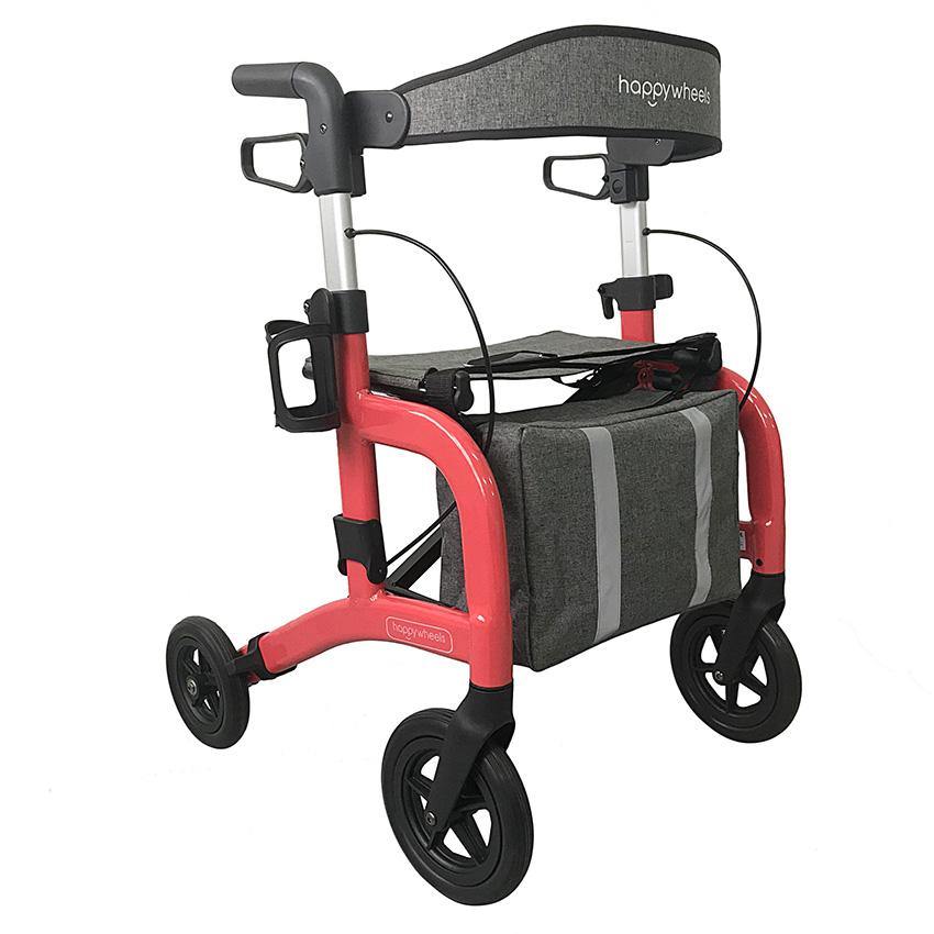 HappyWheels Lightweight Travel Rollator Walker with Seat - Foldable Mobility Aid for Seniors & Adults - Perfect for Airports, Shopping & Outdoor Use