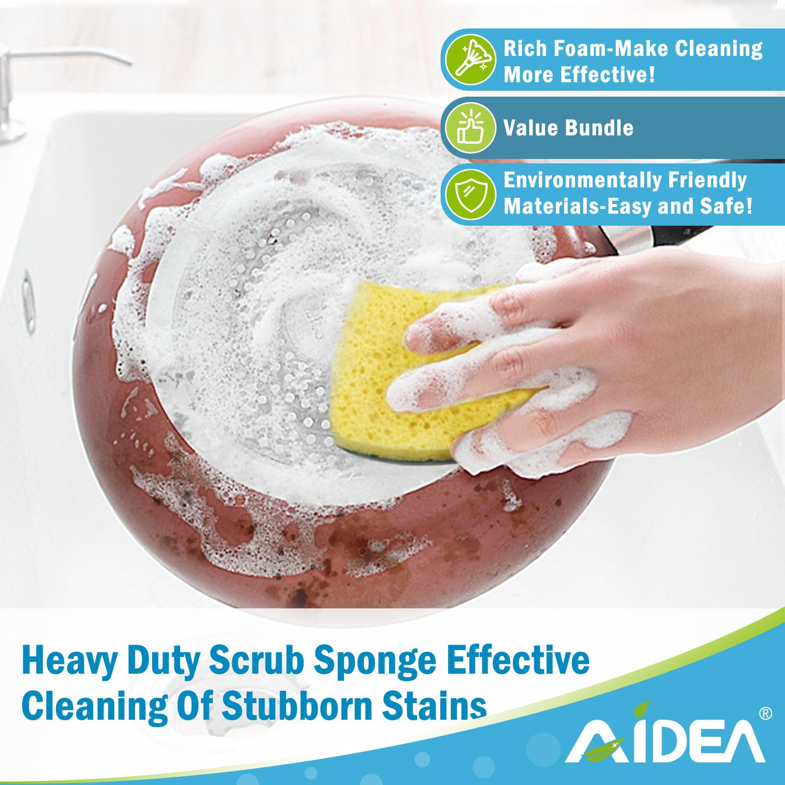 **AIDEA Heavy Duty Scrub Sponges for Kitchen - 6 Pack Cellulose Dish Sponges with Superior Scrubbing Power for Tough Messes, Non-Coated Cookware, Pots & Pans - Perfect for Deep Cleaning & Stain Removal**