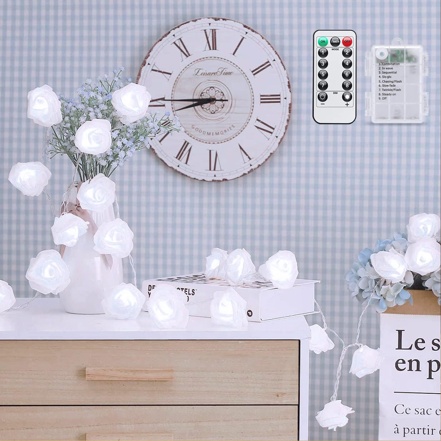 JMEXSUSS 16.4ft 30 LED White Rose Flower String Lights - Battery Operated Fairy Lights for Bedroom, Table, Fireplace, Wedding & Holiday Decorations - Perfect for Romantic Ambiance, Party & Indoor Decor