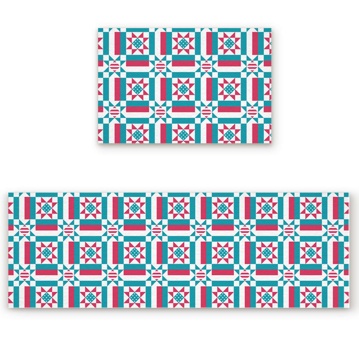 DaringOne 2-Piece Geometric Kitchen Rug Set (23.6x35.4 + 23.6x70.9) - Non-Slip, Water Absorbent Floor Mat for Kitchen - Stars & Stripes Abstract Design - Perfect for Modern Homes & High-Traffic Areas