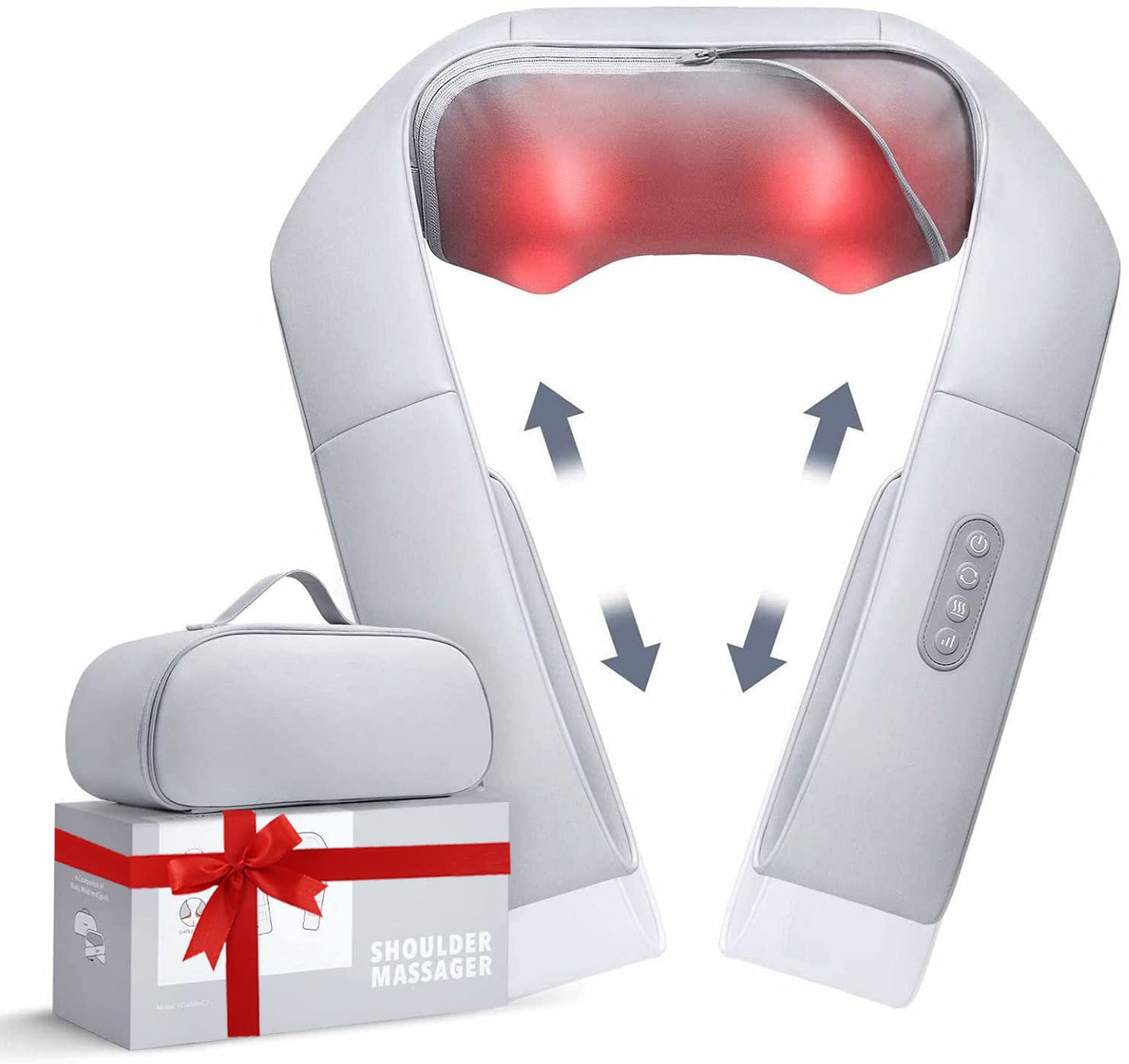 Adjustable Heat Shiatsu Back Massager with Straps - Neck, Shoulder, Foot & Leg Massage - Includes Free Handbag (Gray) - Perfect for Home, Office & Travel Relaxation