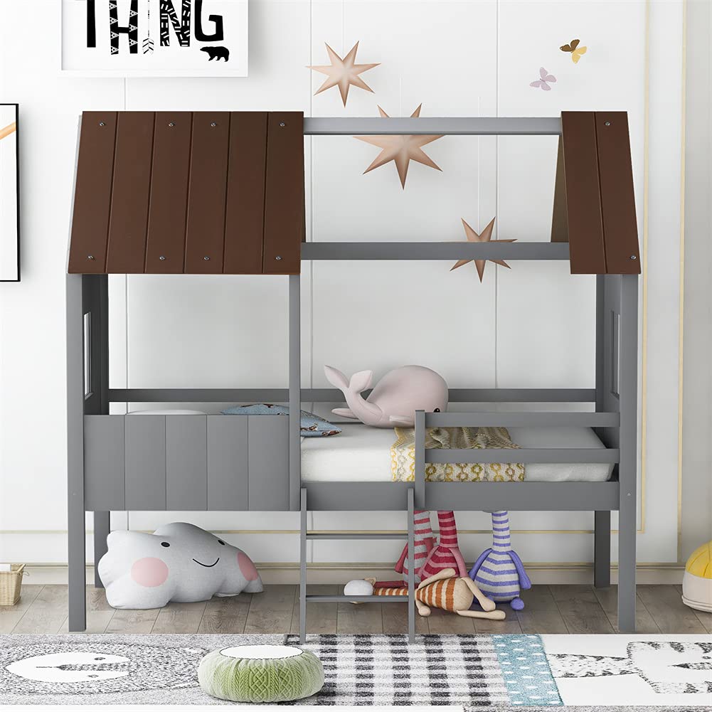 Kids Twin Size Low Loft Bed with Two Side Windows - Wooden House Bed Frame in Antique Gray & Normal Gray - Perfect for Small Bedrooms, Playrooms & Dorm Rooms