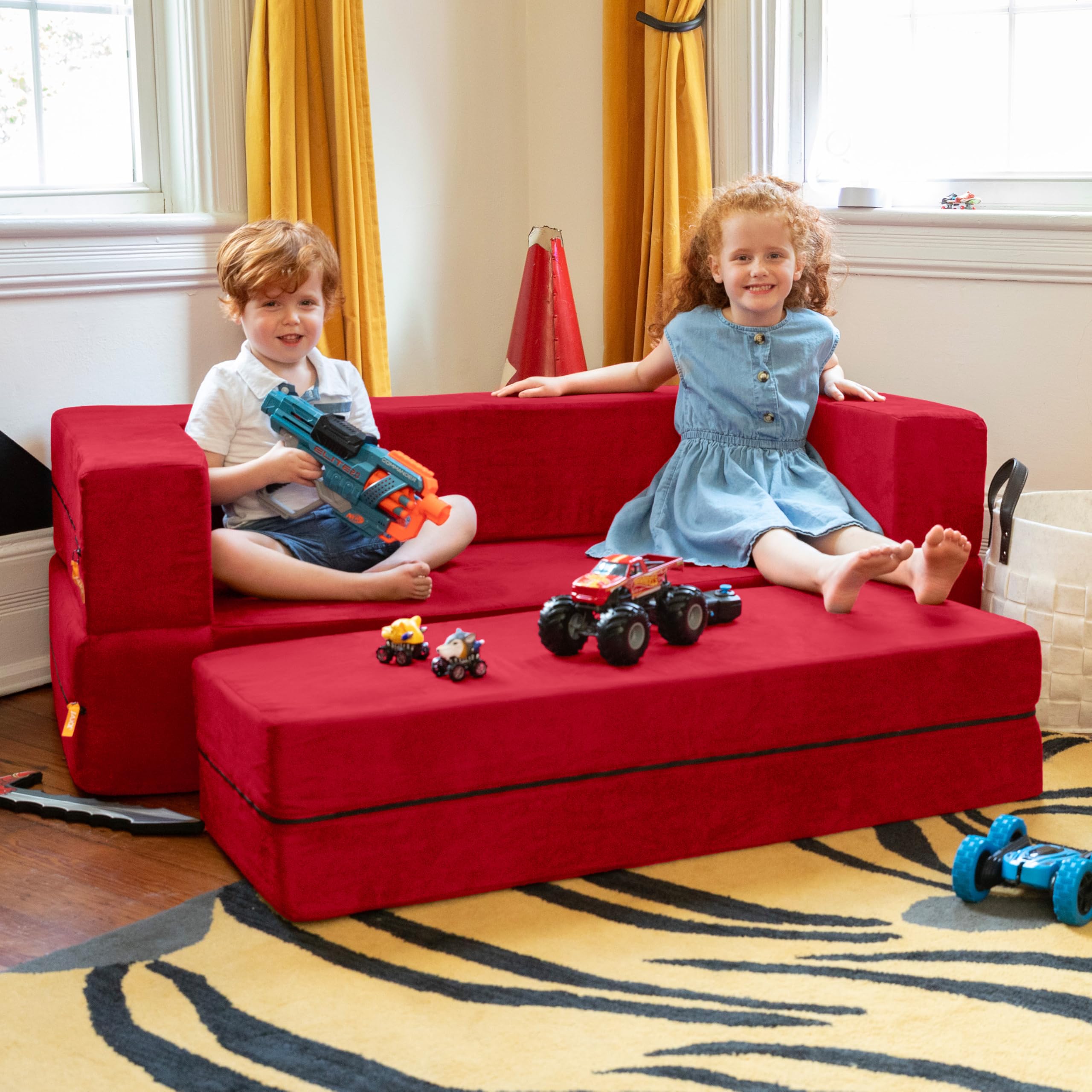 Jaxx Zipline 3-in-1 Fold Out Sofa with Large Ottoman - Big Kids Edition in Cherry Red (17454) | Convertible Sleeper Sofa for Playrooms, Dorm Rooms & Small Spaces