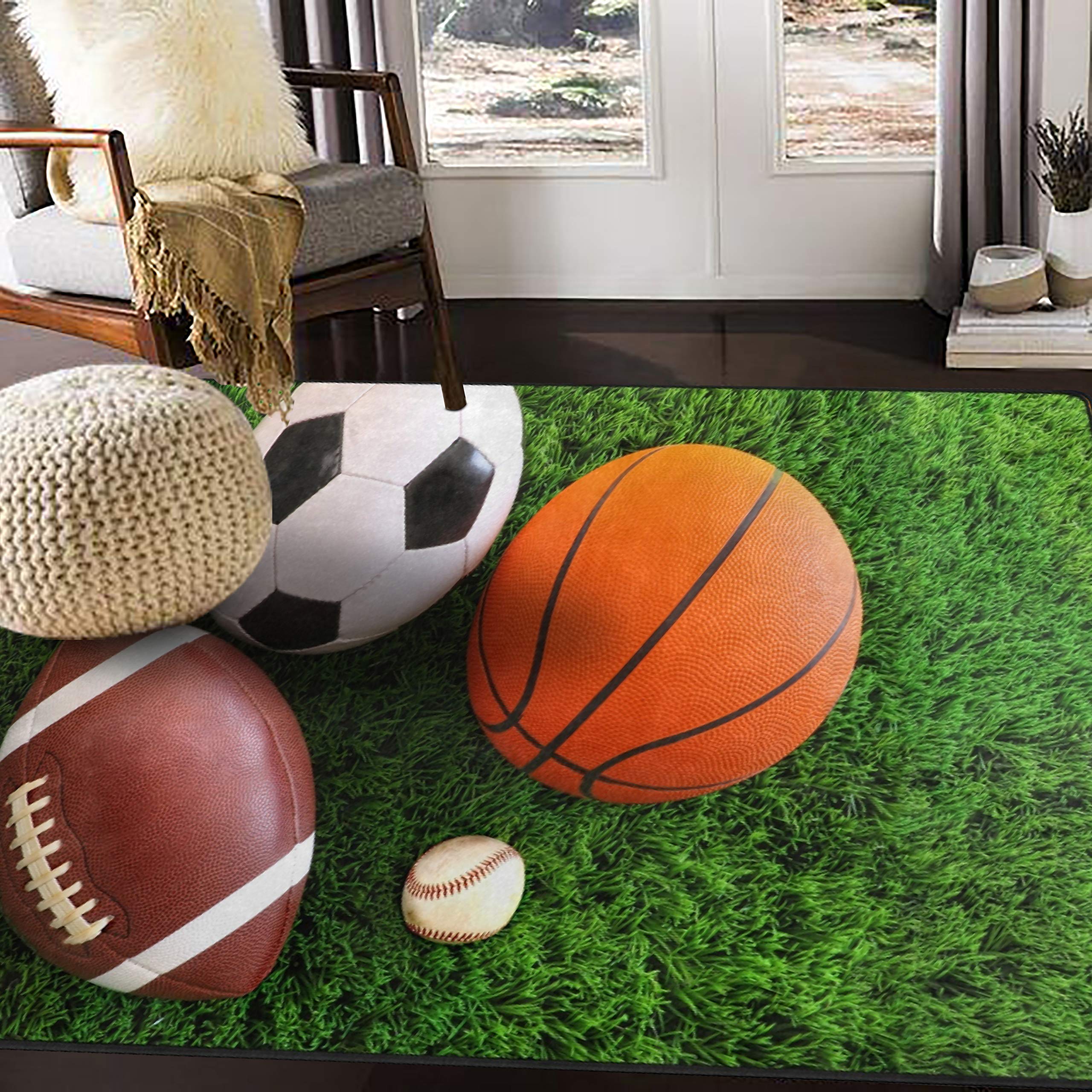 ALAZA 7' x 5' Green Area Rug for Basketball Soccer Baseball - Non-Slip Sports Themed Carpet for Living Room Bedroom Game Room Decor (Perfect for Kids Playroom, Man Cave & Sports Fan Gifts)