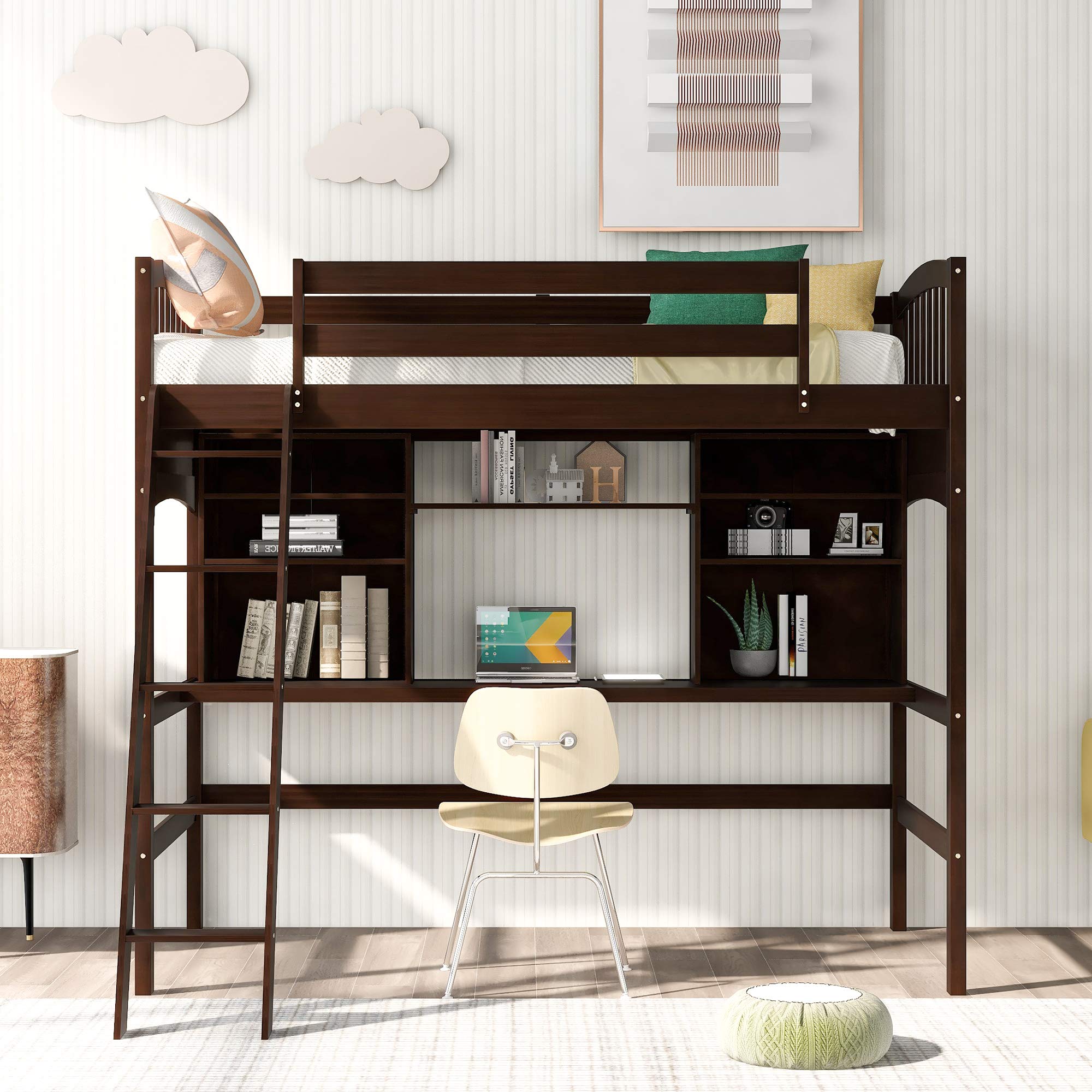 **Twin Size Solid Wood Loft Bed with Angled Ladder, Desk, Storage Shelves & Bookcase - Sturdy Safety Guard Rail, No Box Spring Needed - Perfect for Kids, Teens & Small Spaces**