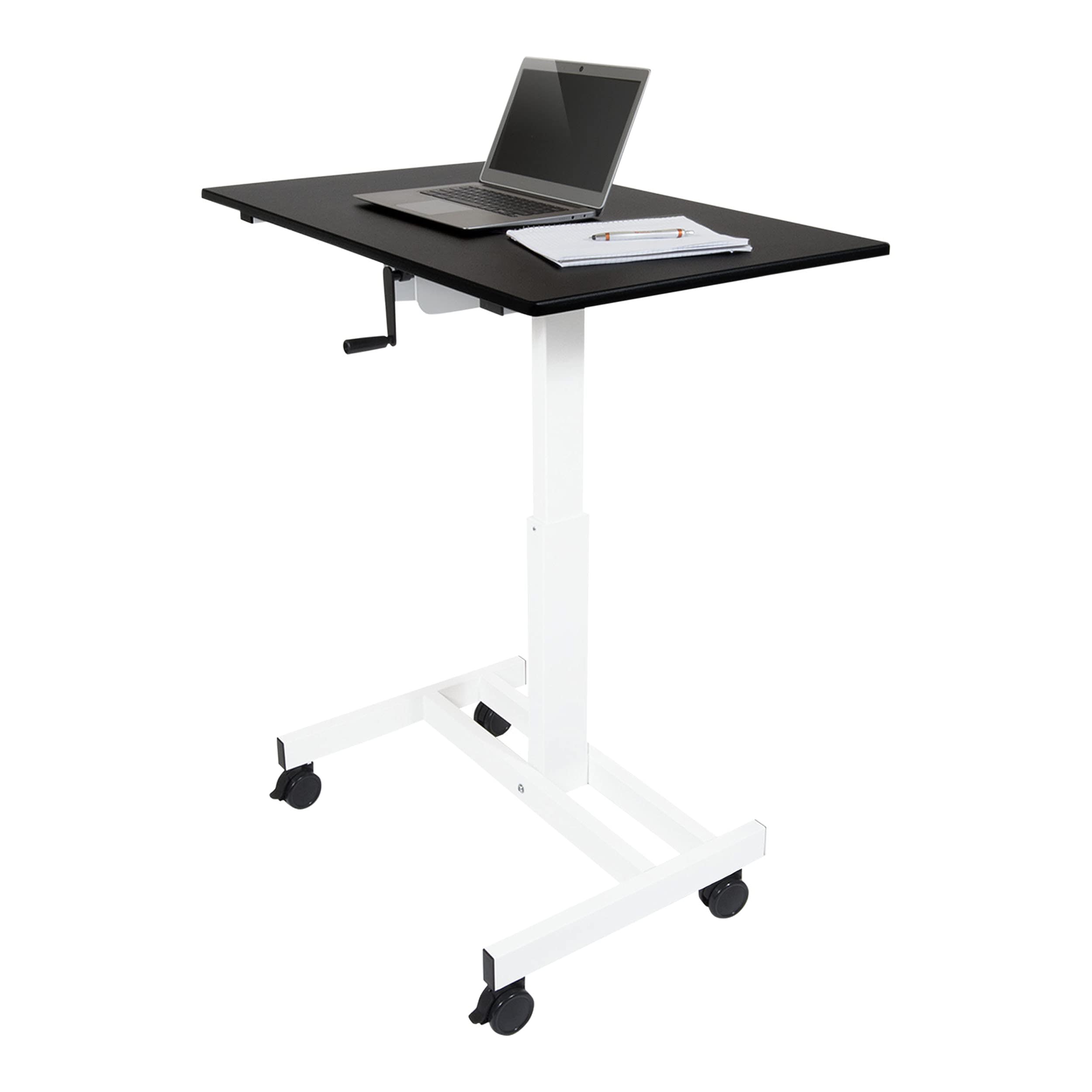 Adjustable Height Rolling Standing Desk - Single Column Crank Desk with White Frame & Black Top (40