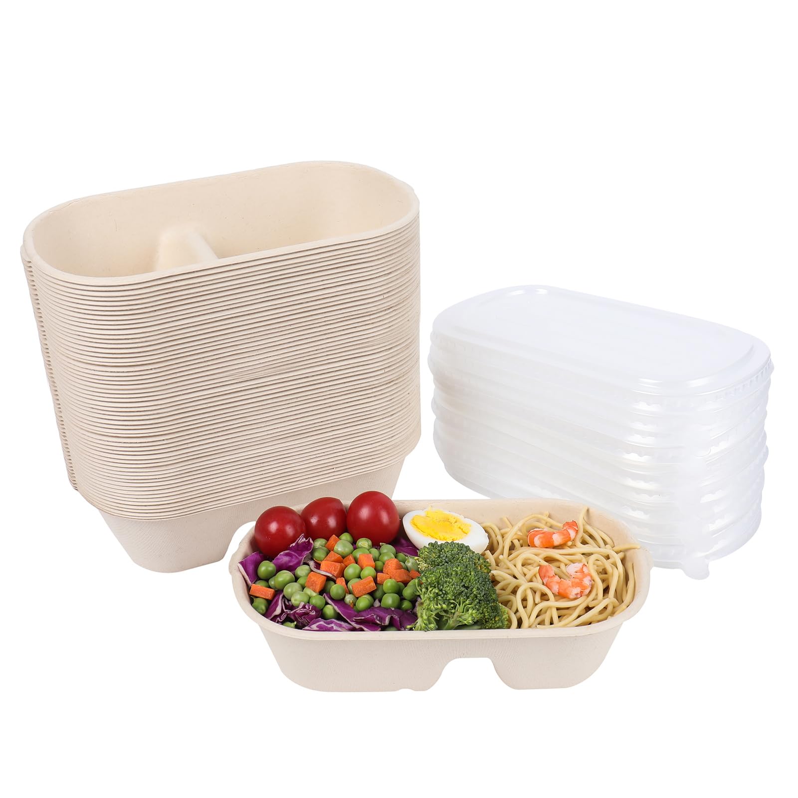 Eco-Friendly 32 oz Disposable Bowls with Lids - 2 Compartment Sugarcane Fiber Food Containers for Meal Prep, Takeout & Leftovers Storage (50 Pack) BPA-Free Biodegradable Plates for Parties, Picnics & Catering