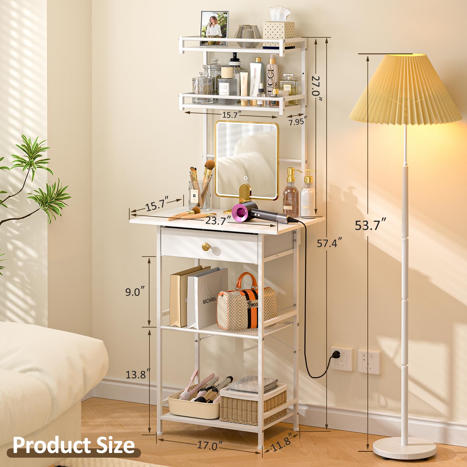 Compact White Makeup Vanity Table with Fabric Drawers - 23.6