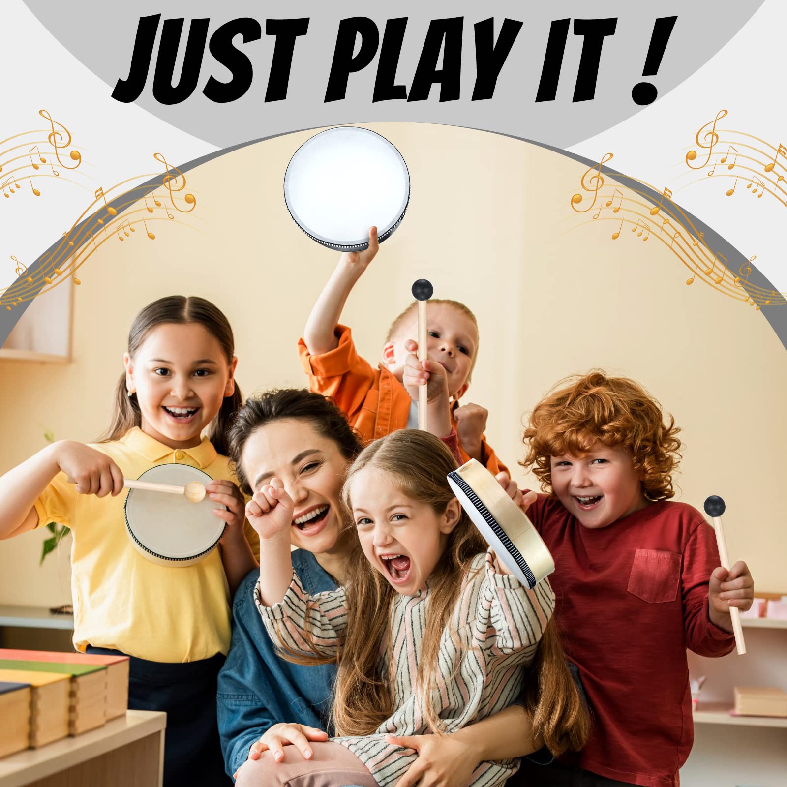 16 Pcs Kids Hand Drums Set - Wooden Frame Drum with Drumsticks (12